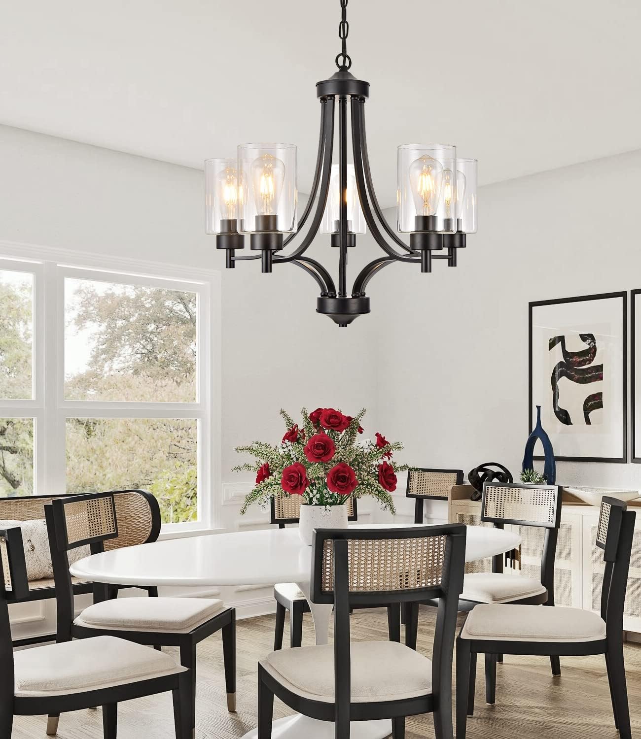 BOZO Contemporary Black Chandelier 5 Lights Farmhouse Dining Room Lighting Fixtures Hanging Bedroom Chandeliers with Clear Glass Shade Ceiling Pendant Light Black Foyer Light