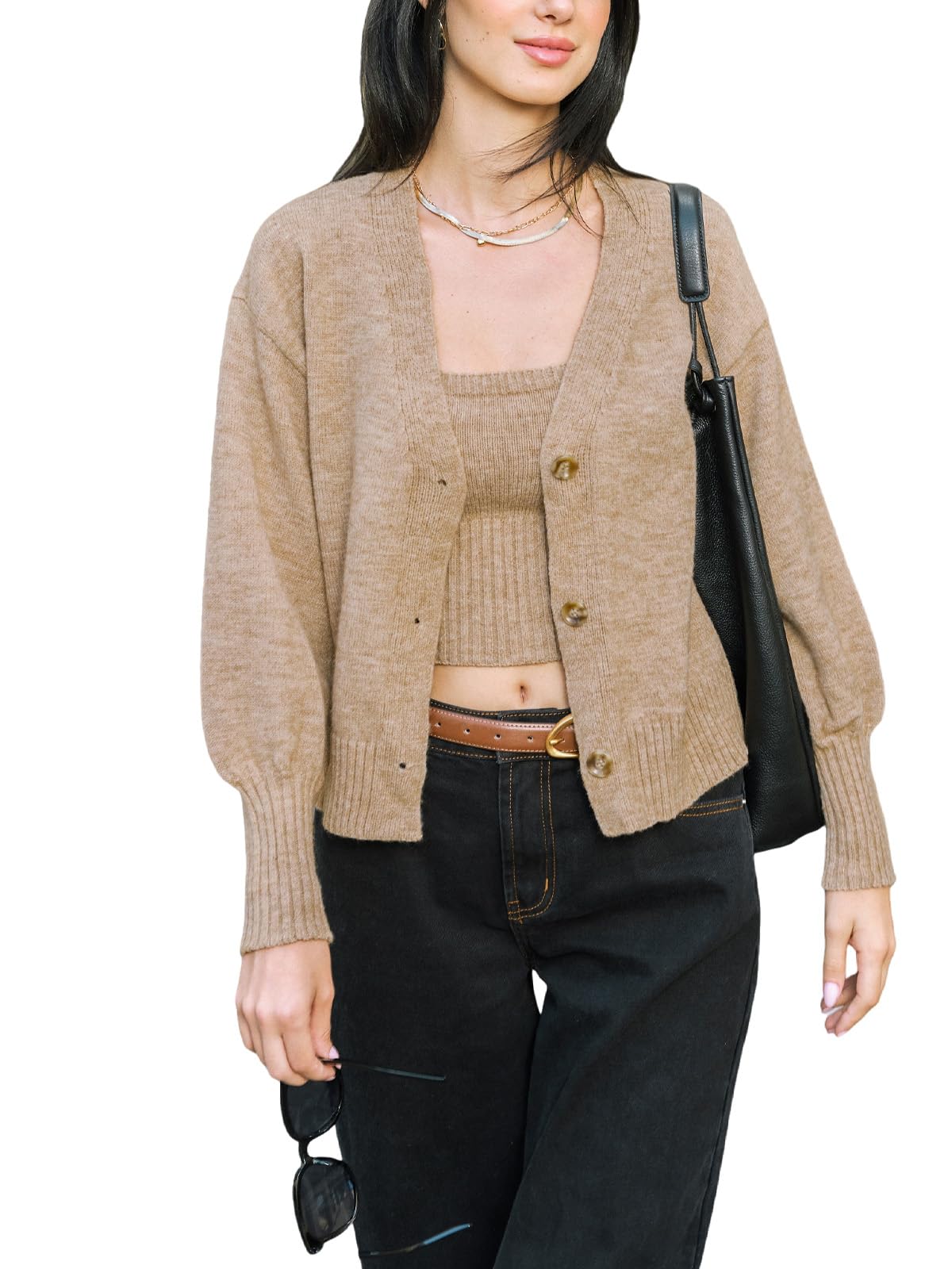 CUPSHE Womens Fall Lightweight Cropped Cardigan V Neck Puff Long Sleeve Button Down Open Front Sweater