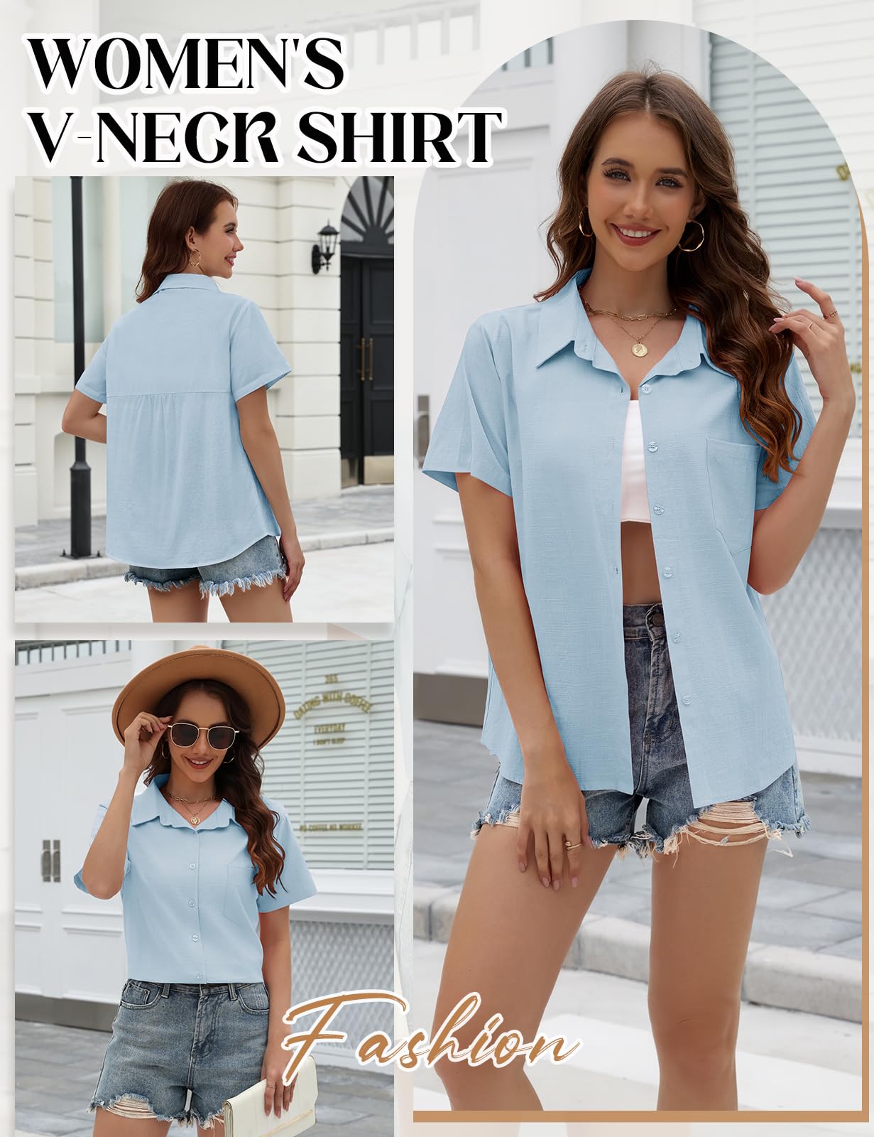 Yuson Girl Chemisier Femme Manche Courte Blouse Été en Lin Coton Chemise Col en V Boutonnée Hauts Couleur Unie Élégantes Chemiser Tops Décontracté Ample Tunique T-Shirt