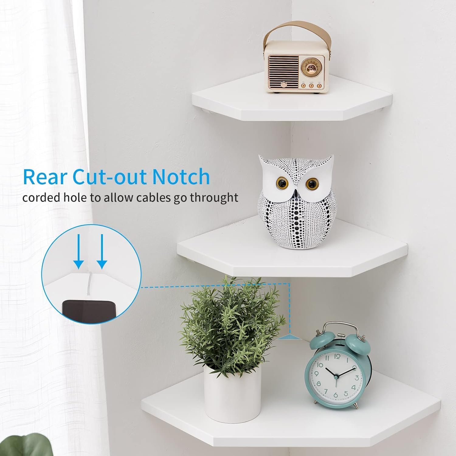 Corner Floating Shelves, White Corner Wall Shelf Set of 2, Solid Oak Wood Corner Shelves Wall Mount Shelf with Wire Hole Small Plant Display for Kitchen Living Room Bedroom