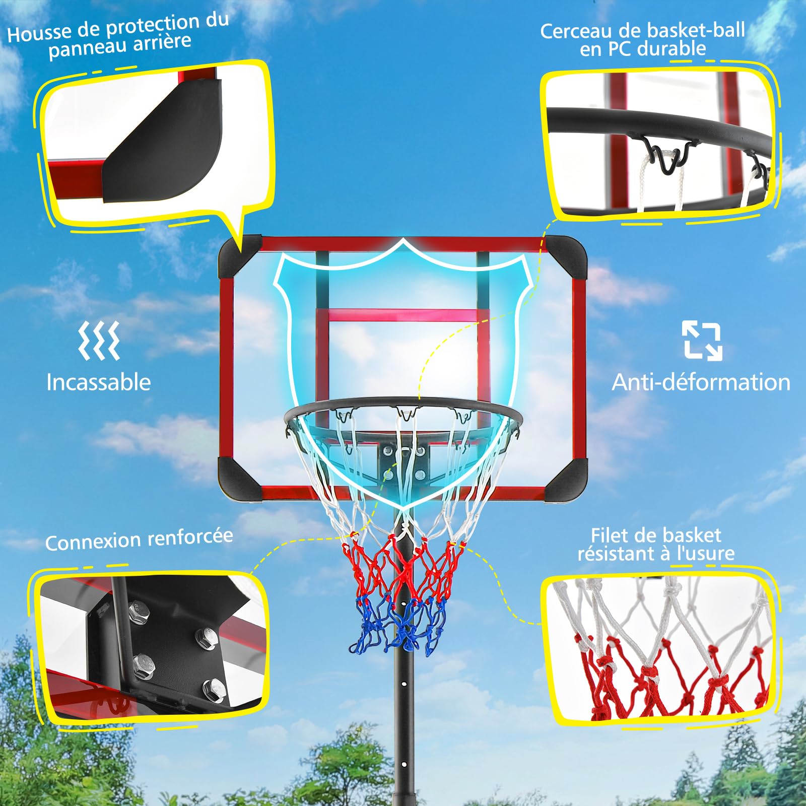 GYMAX Panier Basket Extérieur pour Enfant, Hauteur Réglable 155-210 CM, Base Stable Remplissable, Déplacement Facile avec Roues Lisses