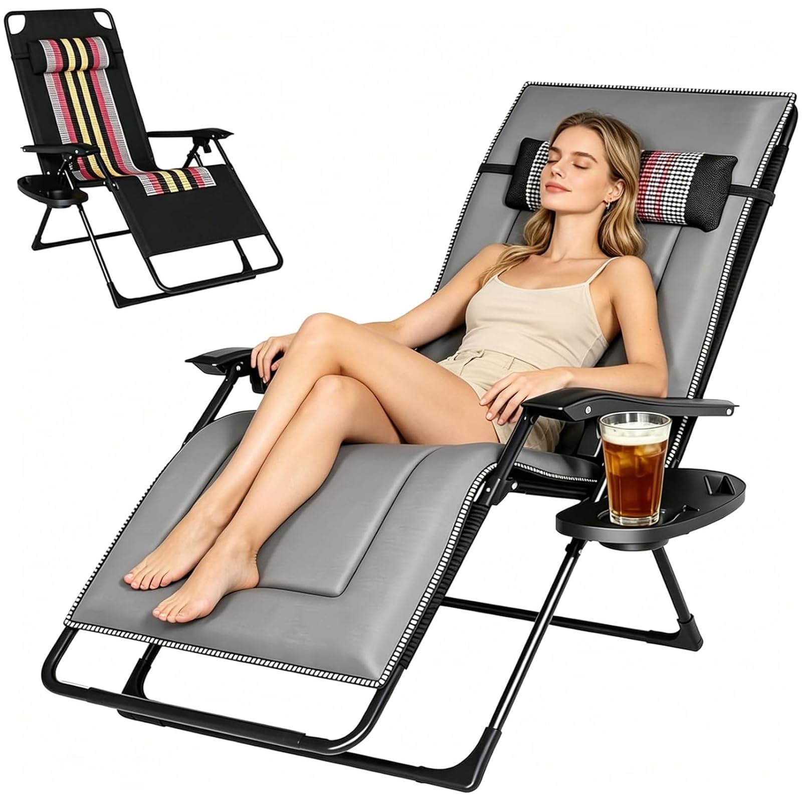 Sedia a sdraio pieghevole con cuscino per la schiena, ergonomica, schienale regolabile, per esterni, fino a 150 kg, sedia da giardino per giardino, piscina, balcone e terrazza (grigio-1 pezzo)