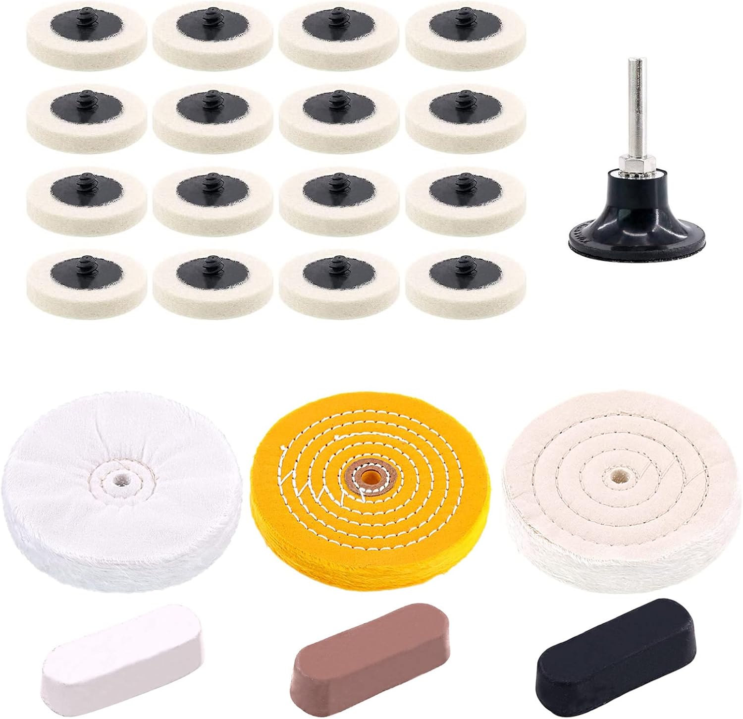 Swpeet 20Pcs 2" Compressed Wool Fabric Disc Polishing Buffing Pads Wheels and 6Pcs 6 Inch Professional Buffing Polishing Wheels with 3 Colors Polishing Compounds Kit