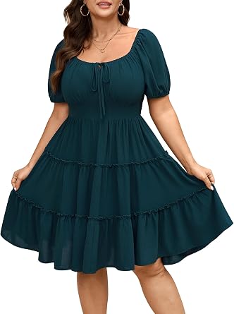 SCOMCHIC Womens Plus Size Summer Dresses Short Sleeve Square Neck Milkmaid A Line Boho Tiered Mini Short Dress