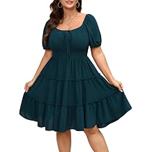 SCOMCHIC Womens Plus Size Summer Dresses Short Sleeve Square Neck Milkmaid A Line Boho Tiered Mini Short Dress