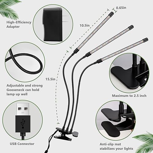 Miniatura 2 de Luz LED de crecimiento, 3 cabezales, luz de espectro completo con abrazadera para plantas de interior y arranque de semillas, regulable de 10