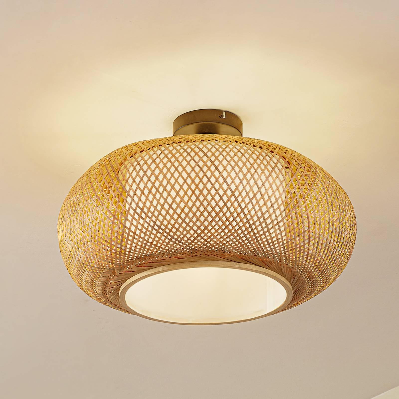 Lindby Bombillas LED lámpara de techo en madera, blanco, plafón redondo | lámpara de salón, e27, rústico, casa de campo, de bambú para sala de estar, salón, comedor