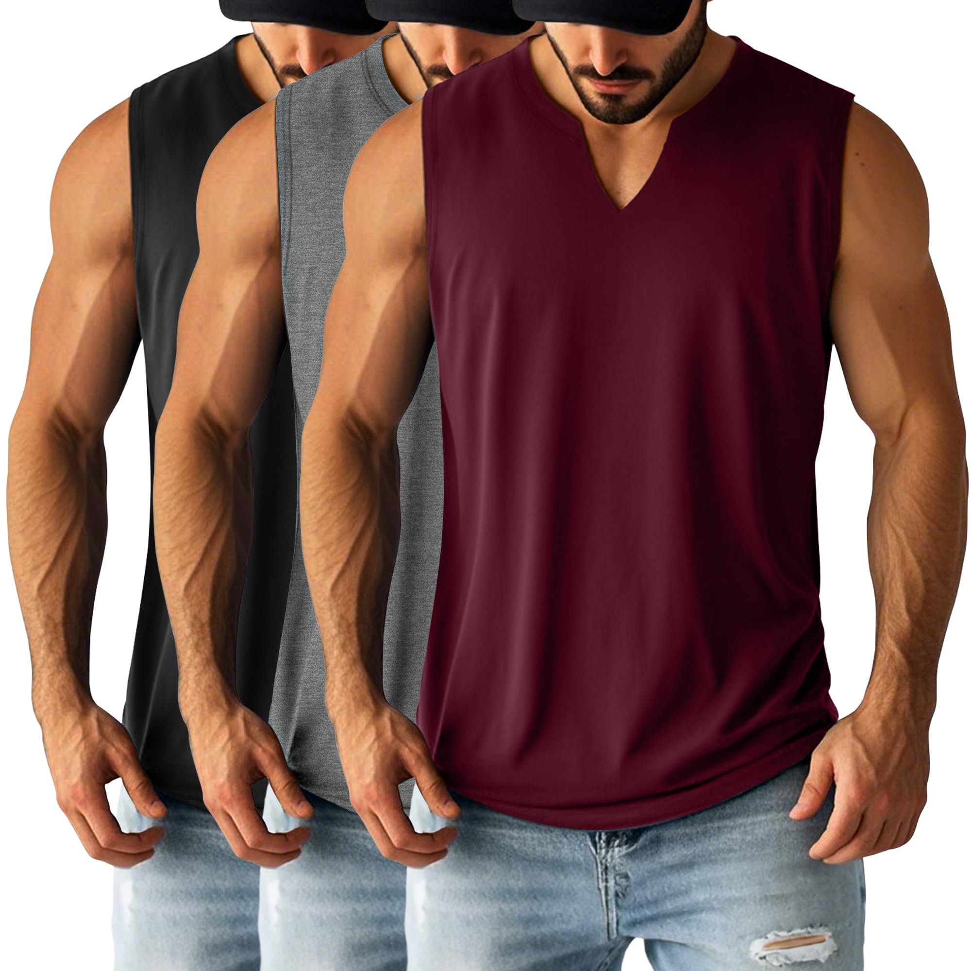 Ficerd 3 Pack Men's Sleeveless Shirts Big and Tall V Neck Workout Tank Tops Muscle T Shirts Summer Athletic Casual Basic Tees