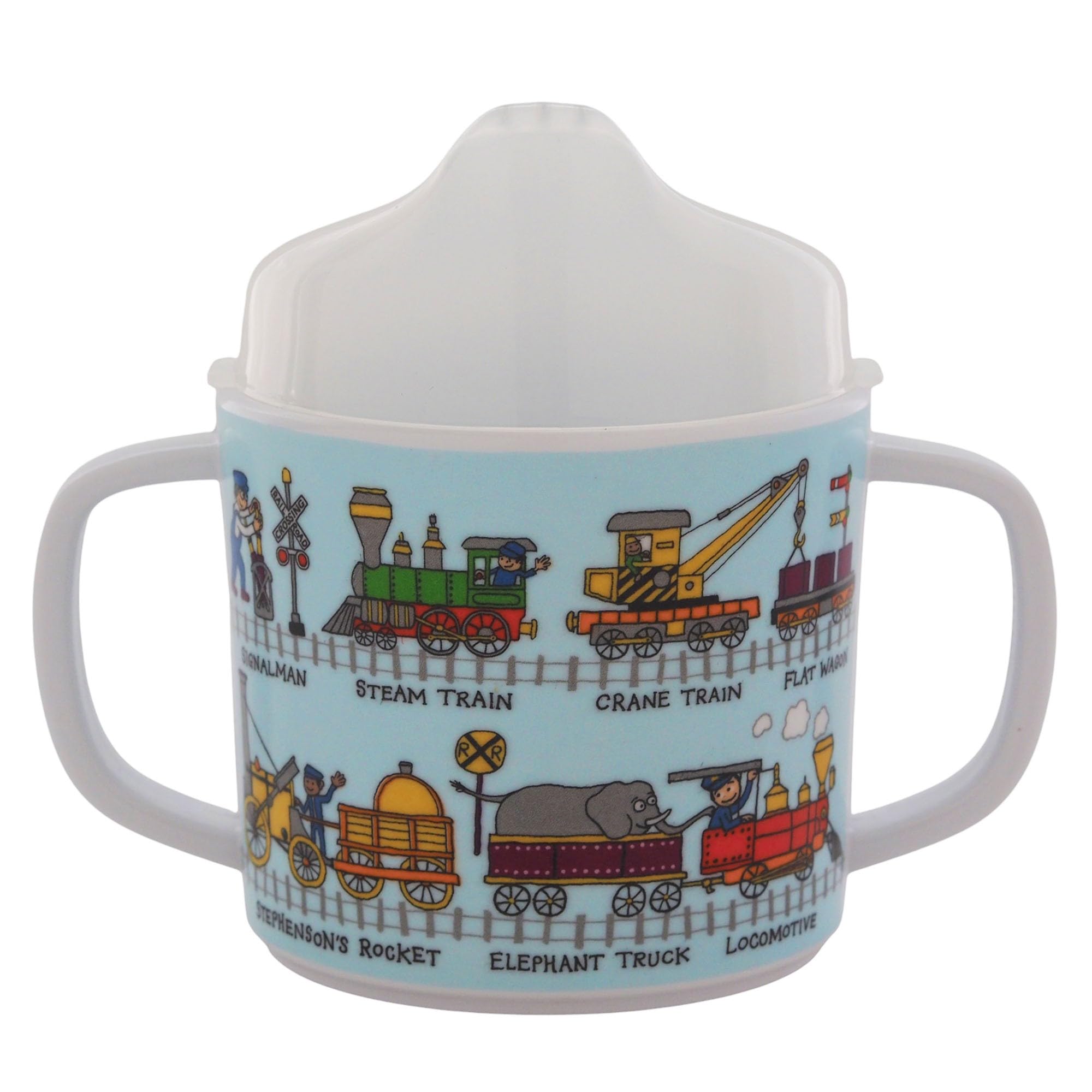 Tyrrell Katz Two-Handled Sippy Cup for Toddlers, Free Flow (No Valve), Removable Lid for Transition to Open Beaker, Anti-Slip Base, BPA Free, Detailed Trains Illustrations