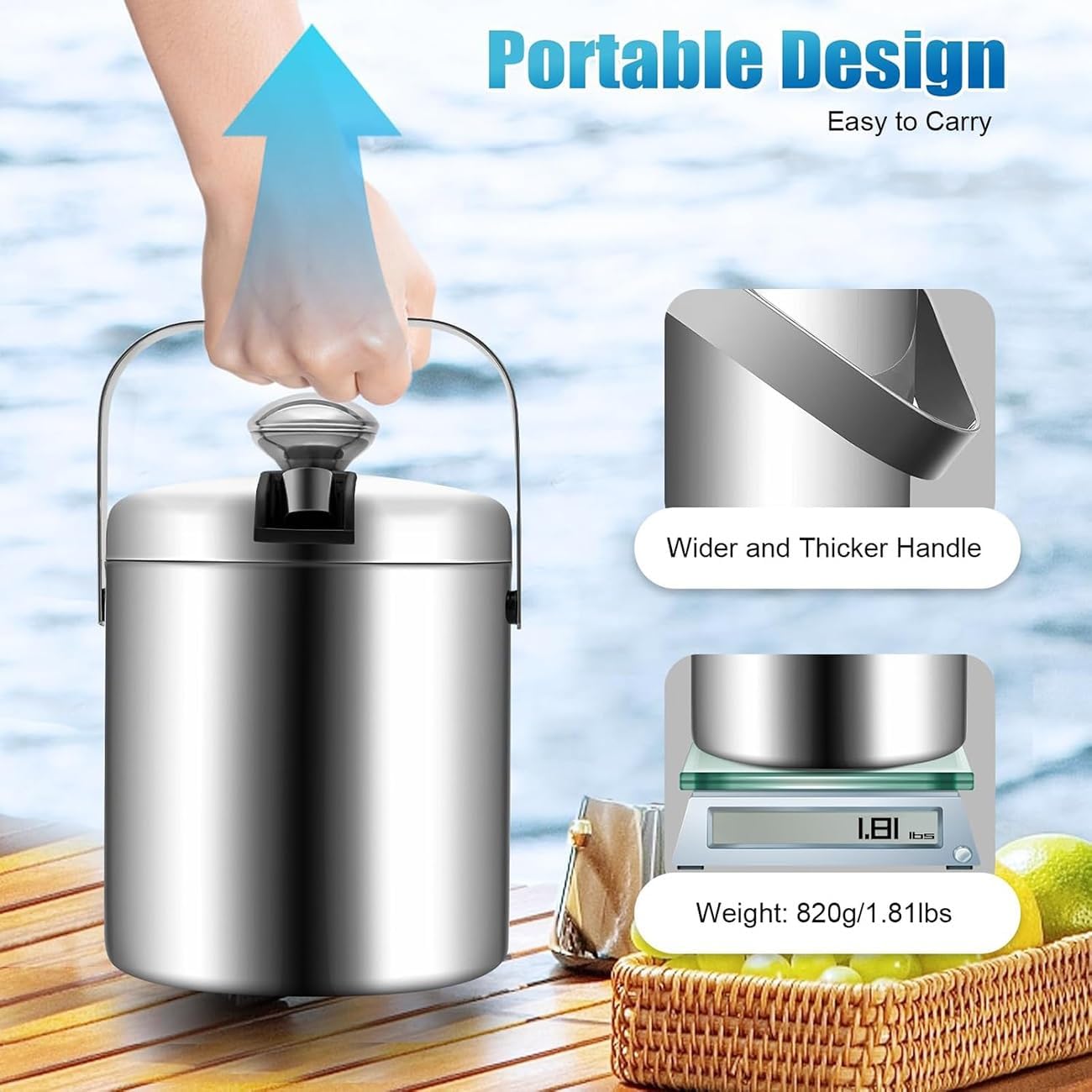 Ice Bucket for Bar, Stainless Steel Insulated Ice Buckets for Parties, Beverage Tub with Lid and Ice Tong, Portable Wine Champagne Beverage Cooler for Parties, Bars