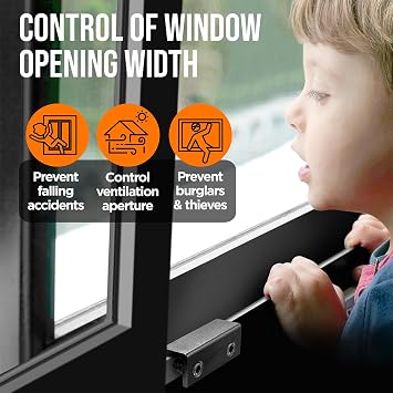 Window Locks, 4 Pack for Horizontal and Vertical Sliding Windows - Child Proof Security Stoppers, Safety Locks for Home and Patio (Black)