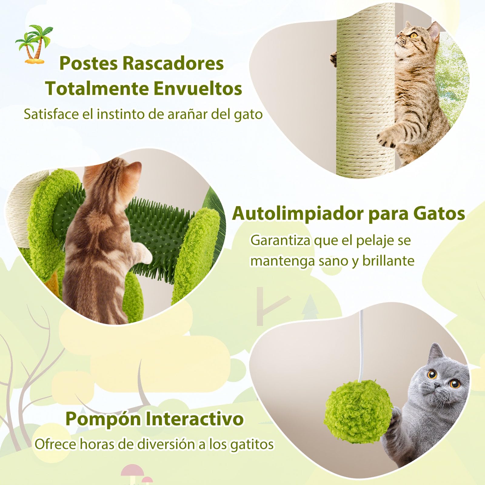 GOPLUS Árbol para Gatos con Hojas Artificiales, Torre para Gatos con Condominio, Percha, Postes Rascadores de Sisal, Peluquero Automático, Pompón Colgante, Centro de Actividades de Interior
