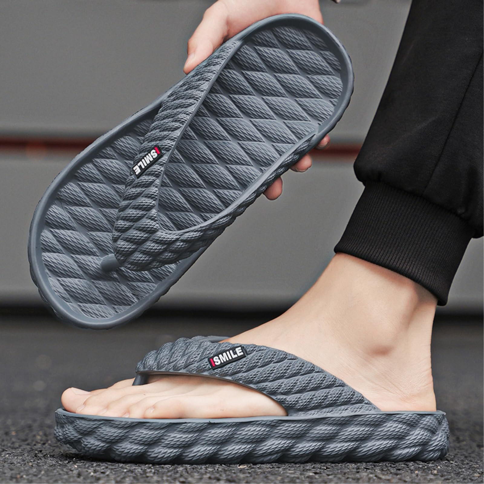 Sandalias Negro Trenzado Textura Plataforma Chanclas, Carta Impresión Antideslizante Eva Tanga Sandalias, Acolchado Rápido Seco Verano Playa Baño-gray-44-45