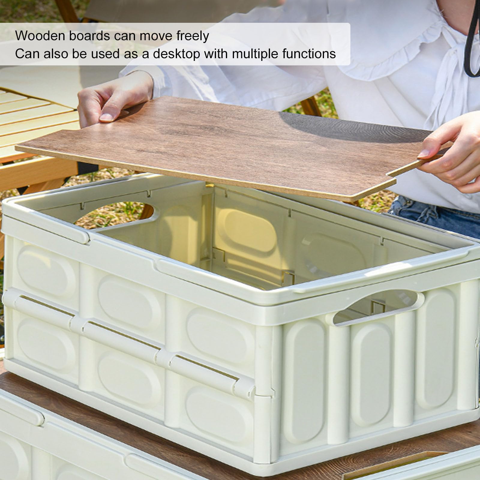 Contenitore pieghevole in plastica, contenitore da campeggio con coperchio in legno, grande scatola impilabile con manici, organizer per picnic all'aperto, archiviazione auto, smistamento domestico