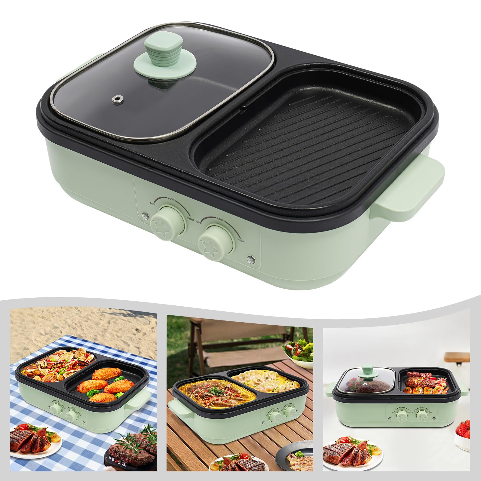 2 in 1 Elektrisch Bratpfanne | 1300W Antihaftbeschichtet Hot Pot und Grillbereich | Mehrzweck Kochtopf Bratpfanne (0.2L) und ein Kochtopf (1L) | Elektrogrill Grillpfanne für 1-3 Personen