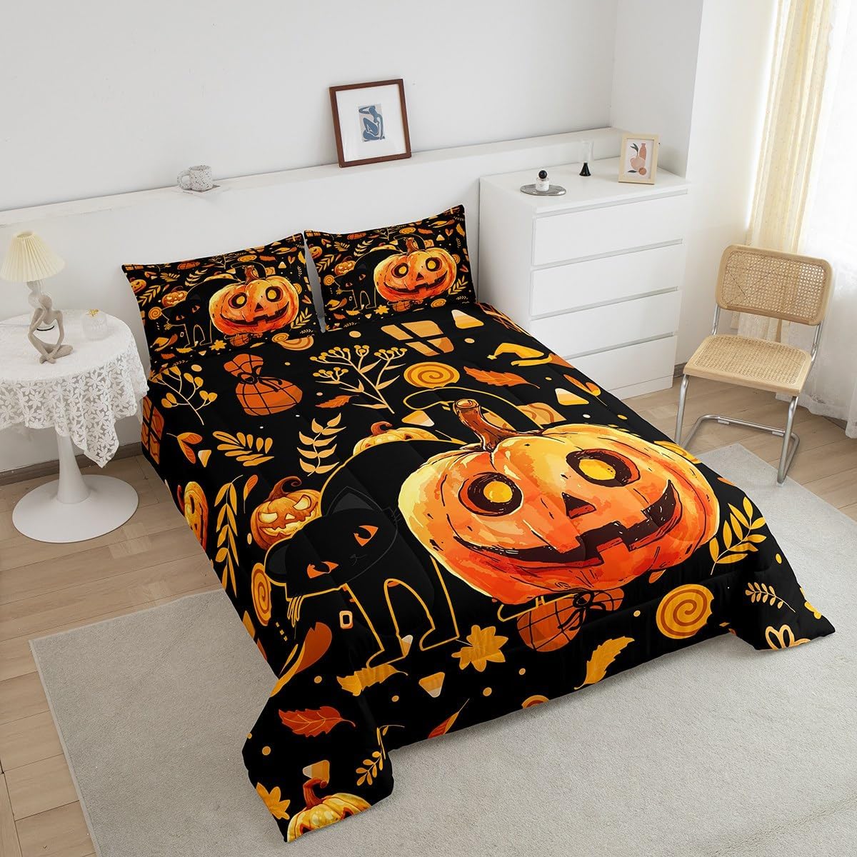 Erosebridal Halloween Decor Bedding Set Full Size, Pumpkin Lantern Comforter Set Cat Gothic Decor for Home, Cute Animal Duvet Insert Branches Candy Cartoon Quilted Duvet for Women, Black Orange