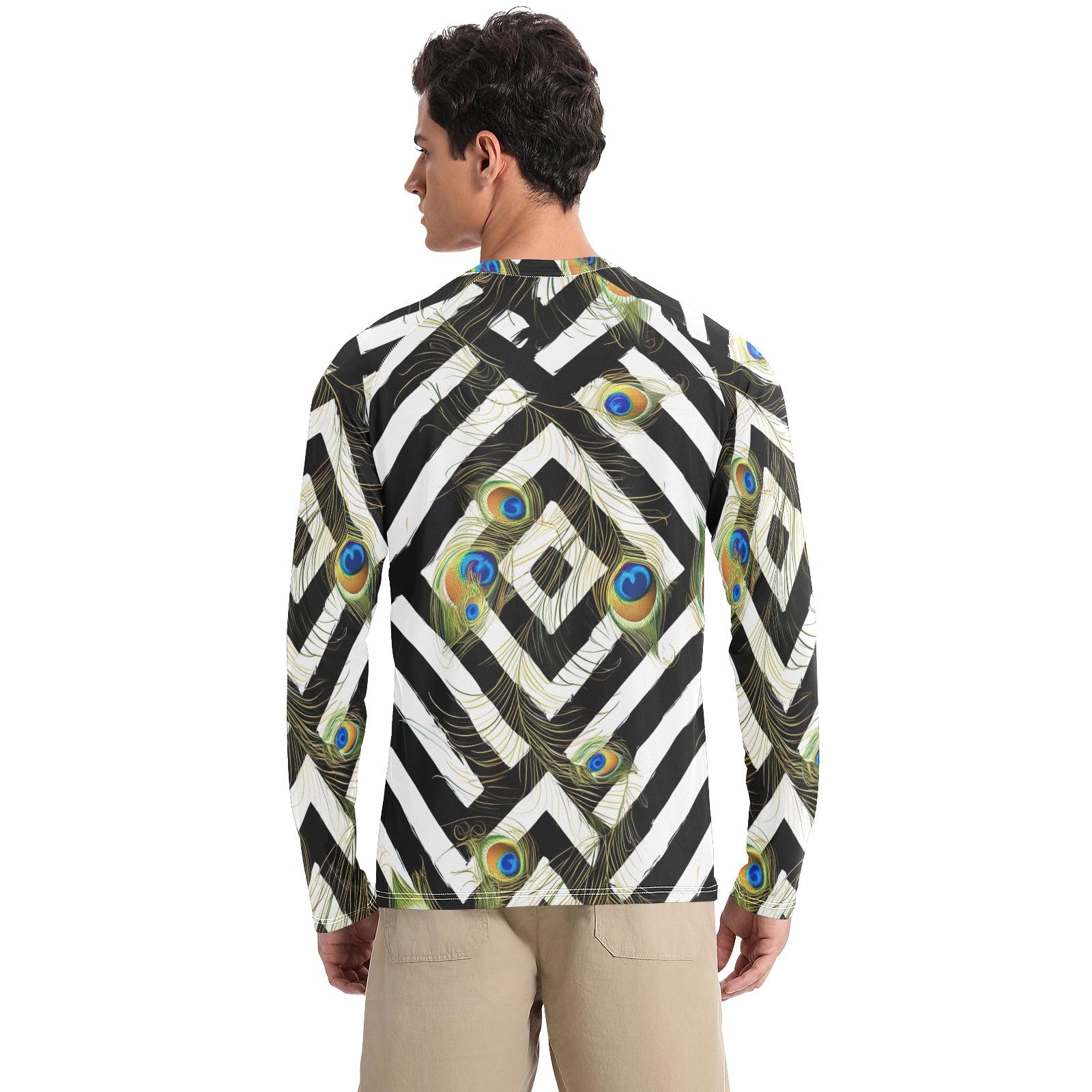 Peacock Feathers Black White Stripes Men's Rash Guard Long Sleeve UPF 50+ Sun Protection Quick Dry Fishing T-Shirts Sun Shirts for Outdoor, Large