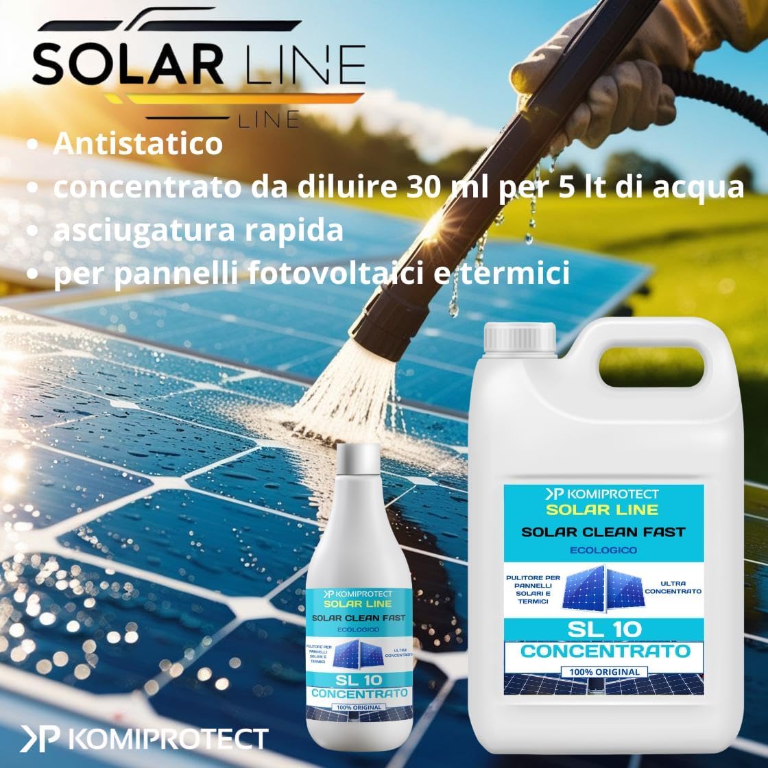 Komiprotect® SL10 Solar clean fast Detergente per Pannelli solari Concentrato, Pulitore per Pannelli Fotovoltaici e Termici, Migliora la Resa Energetica (5 lt (1 confezione))