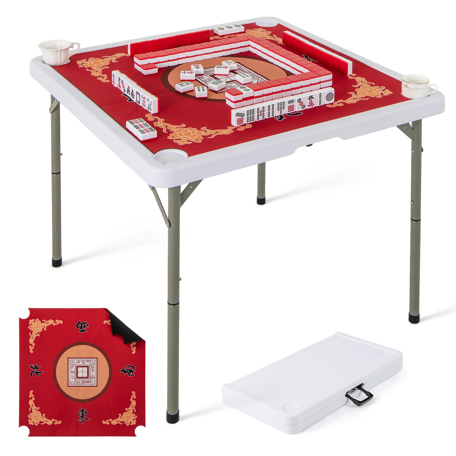 GYMAX Mahjong Table Foldable with Mahjong Mat, 4-Player Square Domino Table w/Cup Holders & Carrying Handle, Anti Slip Noise Reduction for Mahjong, Poker, Card Board Games (Red)