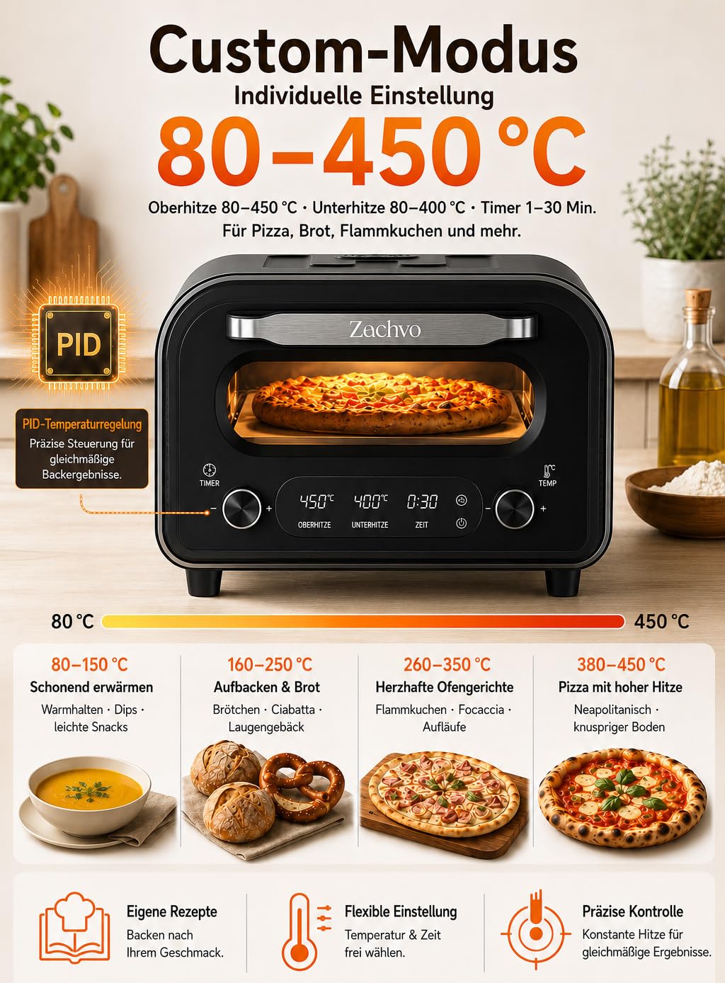 Elektrischer Pizzaofen - bis 450℃, 5 voreingestellte Pizzaarten, 1-60 Min Timer, Touchscreen & Drehregler, Edelstahlgehäuse, für 32cm Pizza, inkl. Pizzastein, Pizzaschieber, Rezeptbuch, Schwarz,HF1201