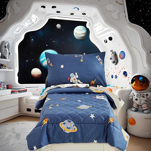 Brandream Juego de ropa de cama espacial para niños pequeños, astronautas, cohete y galaxia, juego de sábanas para niñas, incluye edredón, sábana