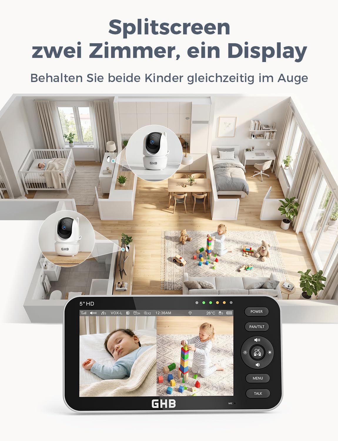 GHB Babyphone mit 2 Kameras 5 Zoll 720P HD Display mit bis zu 168h Akkulaufzeit im VOX Schlafmodus Split-Screen-Anzeige Nachtsicht 4X Zoom Schwenkbar