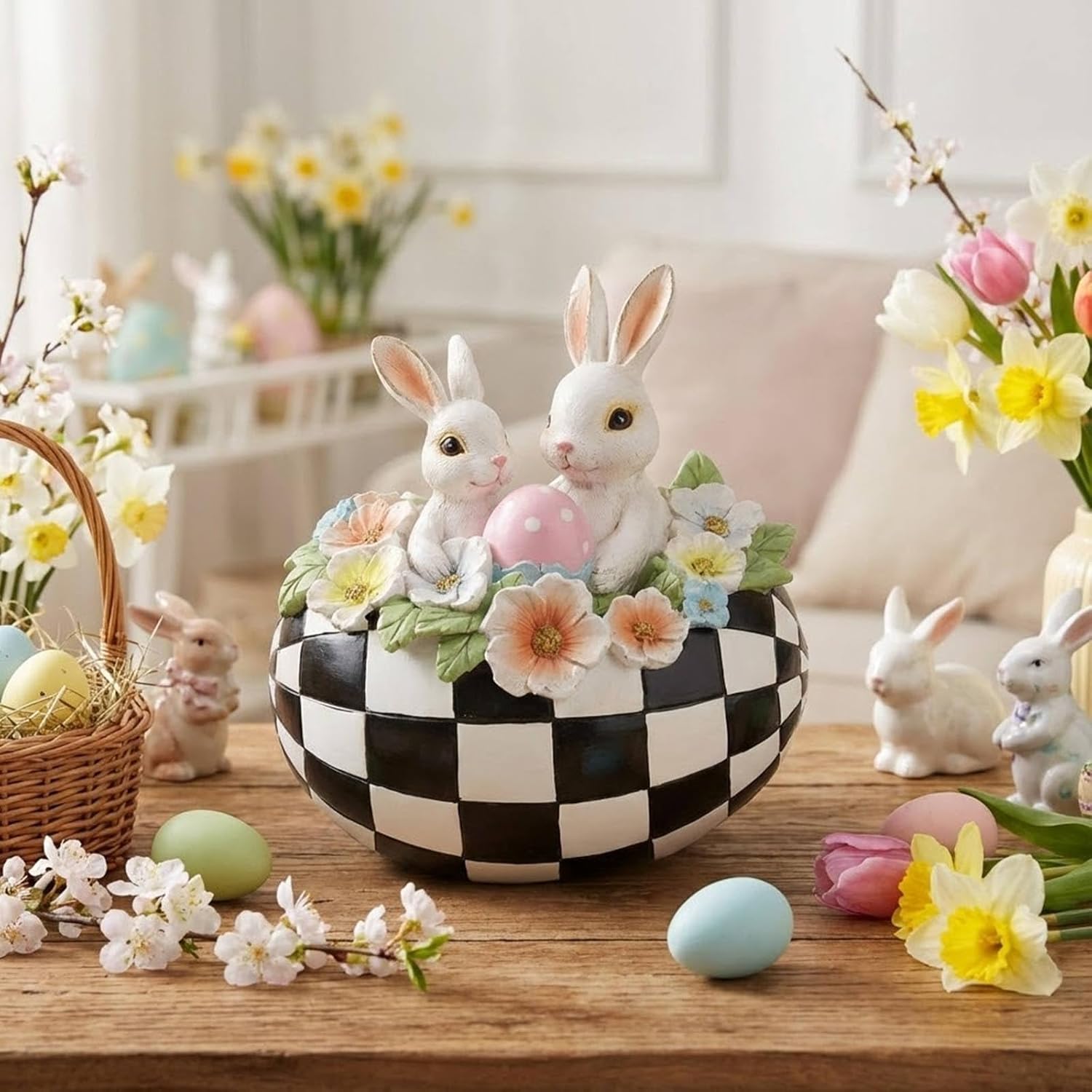 Black White Checkered Easter Egg Bunny Figurines, Resin Cute Buffalo Plaid Decorative Egg Rabbit Statue Table Centerpiece Home Decorations Indoor, Spring Tabletop Mantel Shelf Office Decor - Image 5