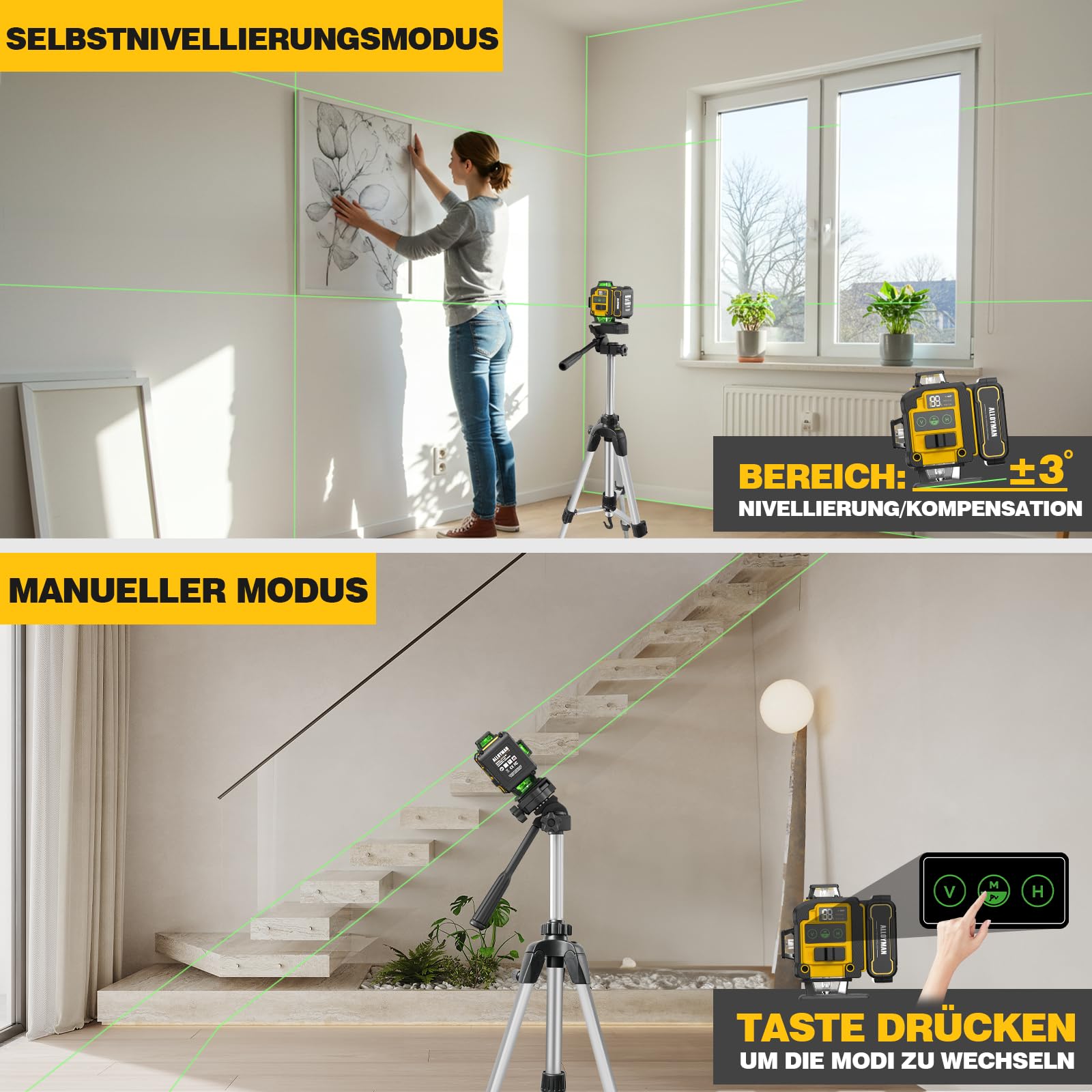 Alloyman Kreuzlinienlaser mit Stativ, 16 Linien Nivellierlaser, 4×360Grad Laser Wasserwaage, Selbstnivellierend 4D Grün Linienlaser Kreuzlaser mit 2 Batteries, IP54, für Innenbereich Baustelle