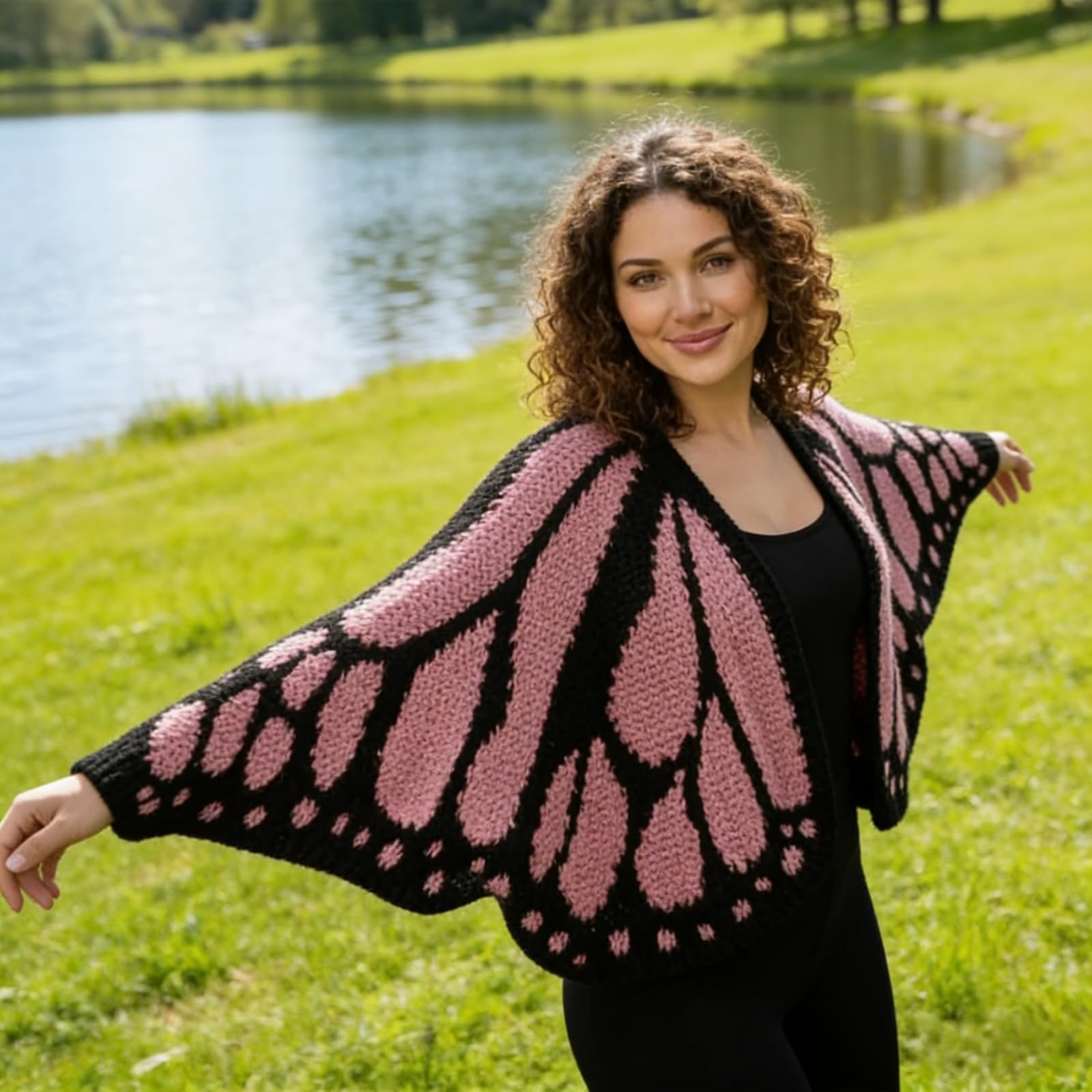 2026 wielokolorowy monarcha motyl dzianinowy kardigan, otwarty przód szydełkowany monarcha motyl kardigan/sweter boho dzianinowy okrycie