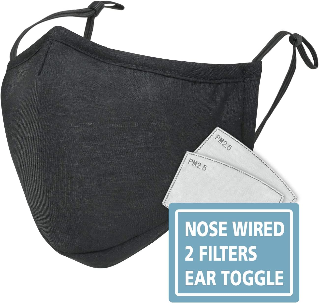 ililily Black Cotton Washable Nose Wired Face Cover Filter Pocket Wide Mask With Filter (Black 10 Mask W/Filter Set)