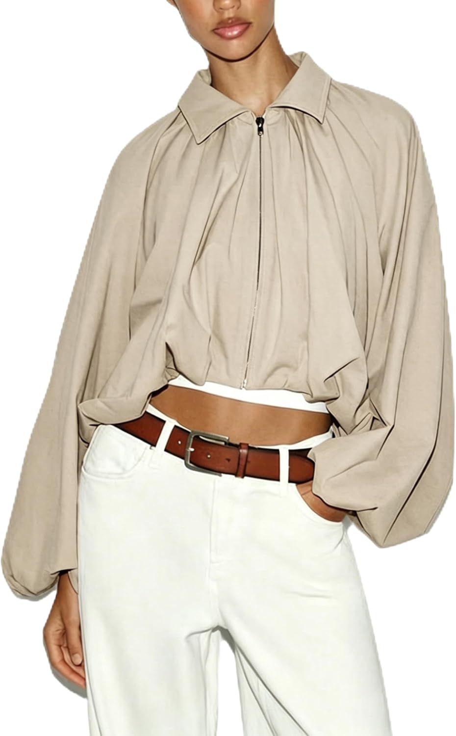 Megfie Women Bomber Jacket Long Puff Sleeve Cropped Casual Outerwear with Pockets Zip Up Oversized Spring Shackets