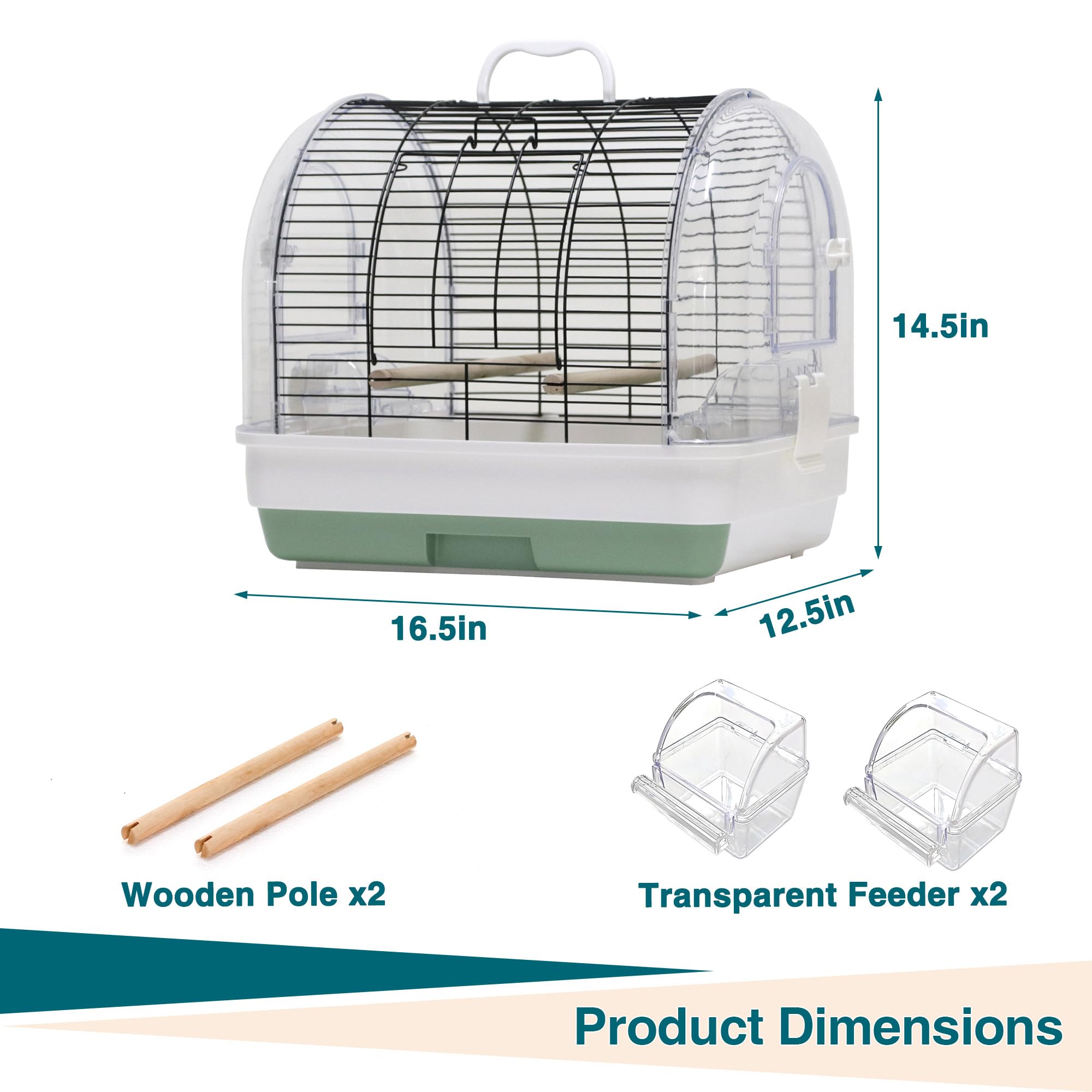 Jaula Portátil para Pájaros con Perchas Y Comederos, Transportín De Viaje para Periquitos, Cotorras, Agapornis, Canarios Y Loros Pequeños, Bandeja Extraíble Y Asa De Transporte. Green