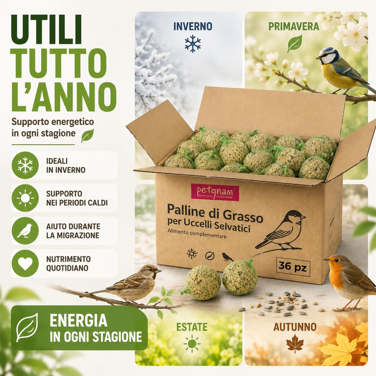 72 Palline di Grasso per Uccelli Selvatici 90 g - Mangime Naturale Senza Olio di Palma - Palle di Grasso ad Alto Valore Nutritivo per Uccellini - Ideali Tutto l’Anno per Giardino e Balcone (72)