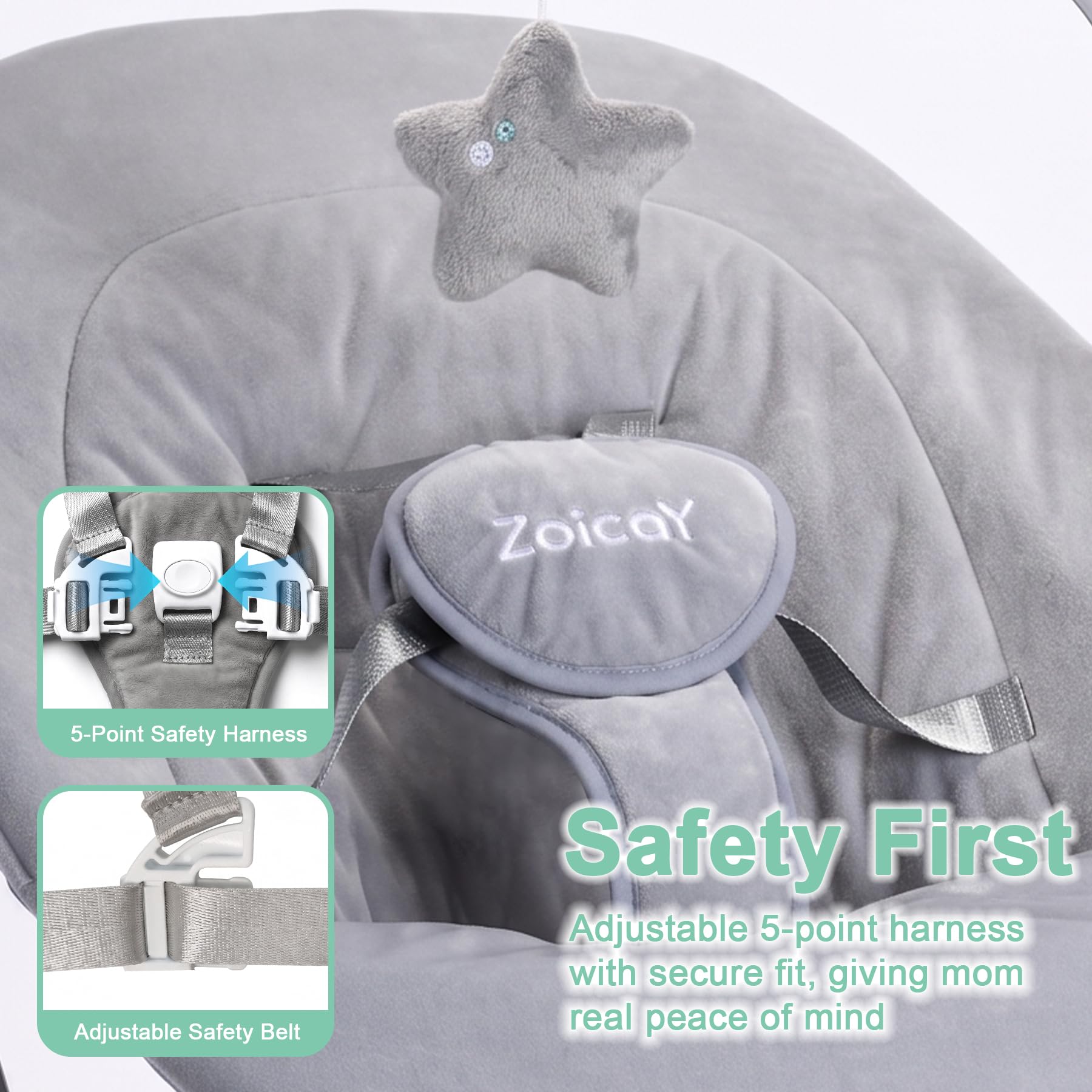 Zoicay Mecedora Bebe Electrica con 3 Modos y 5 Velocidades | Hamaca Bebé Respaldo Ajustable, Función de Temporización y Música Mando a Distancia y Bluetooth para bebe 0-9 Meses (Gris)