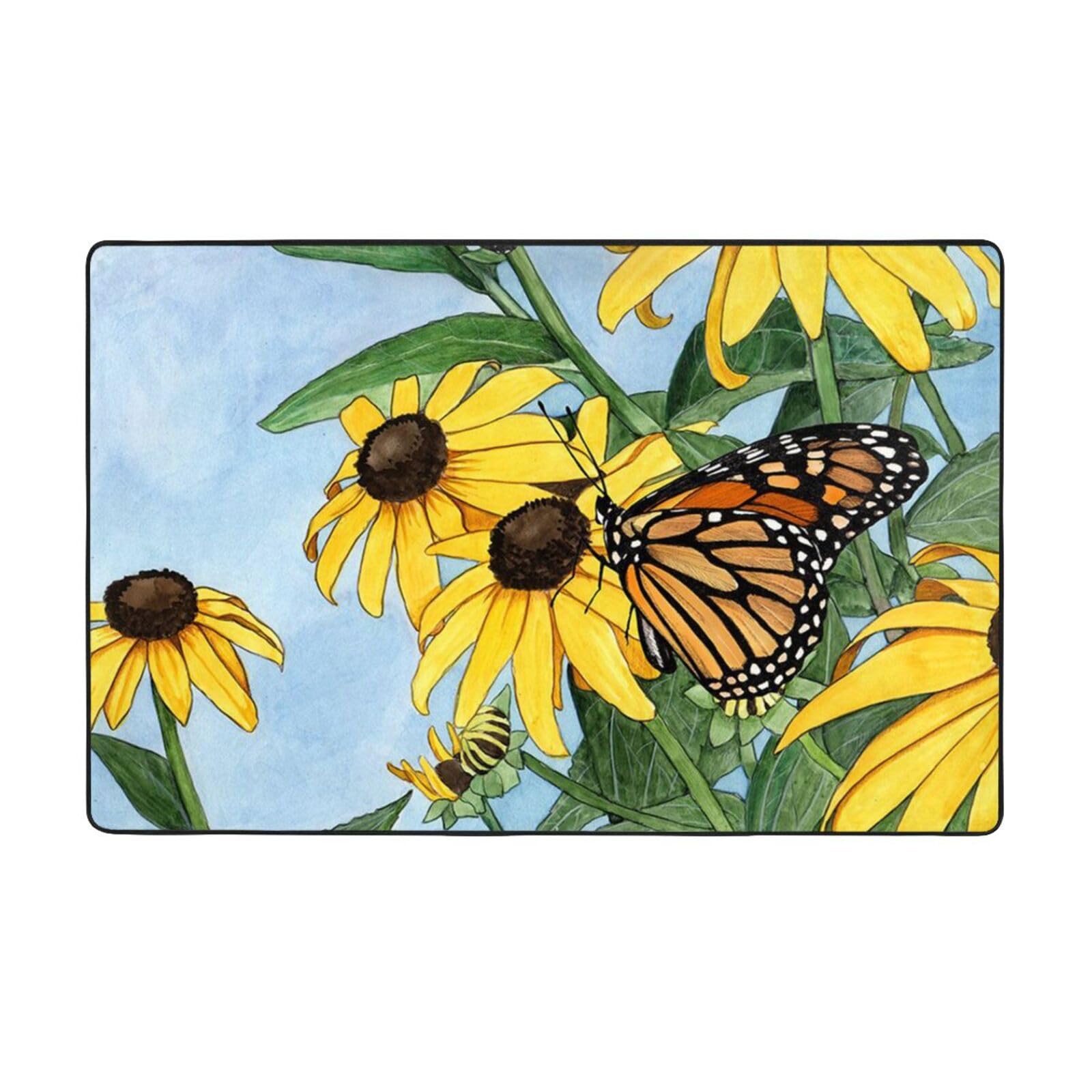Grand tapis doux 200x290cm imprimé fleurs papillons pour salon