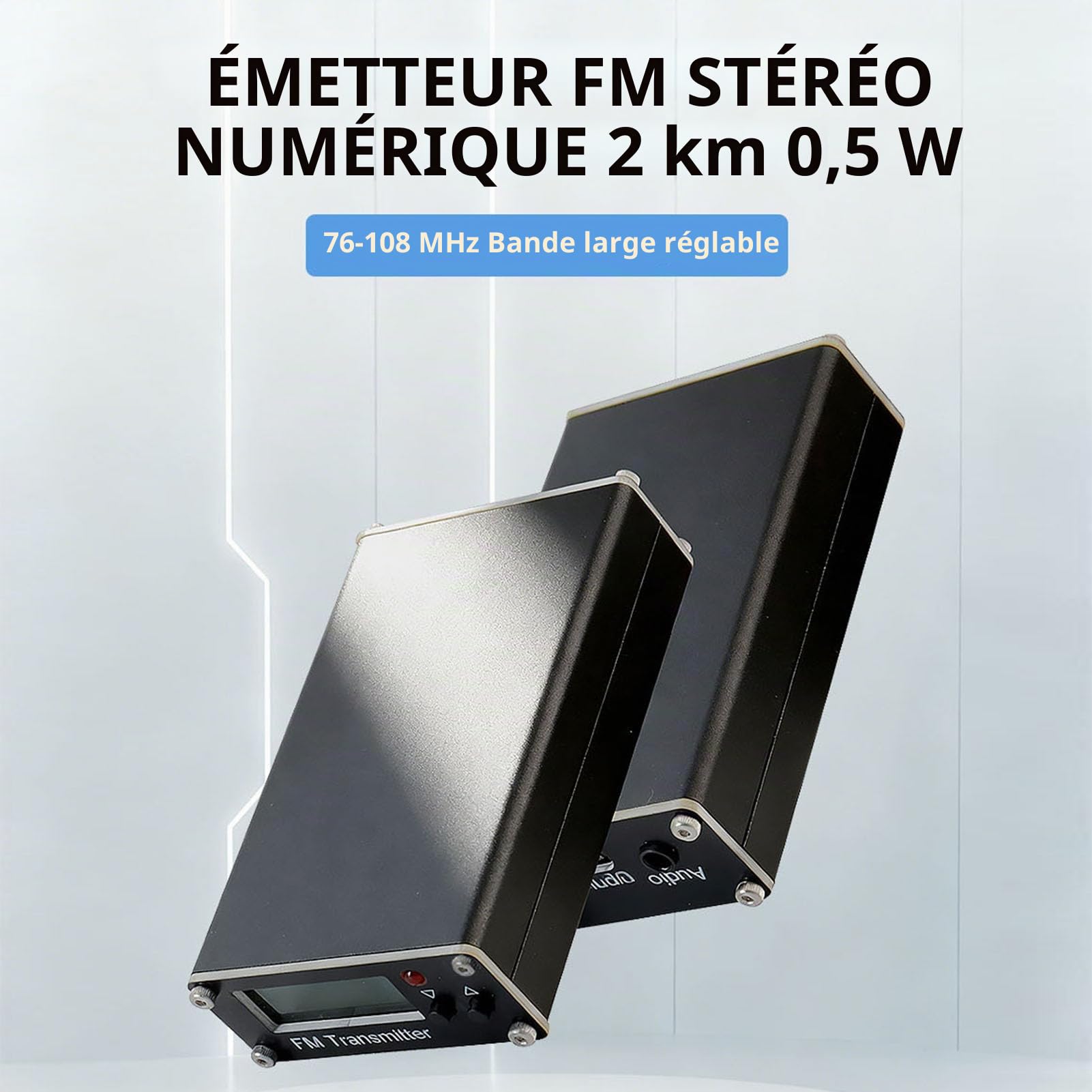 Jectse Module émetteur FM Numérique, émetteur Stéréo FM 2000 M 500 MW, Connecteur 3,5 Mm, Port USB C, pour Petite Station de Radio Téléphone PC MP3 (Black)