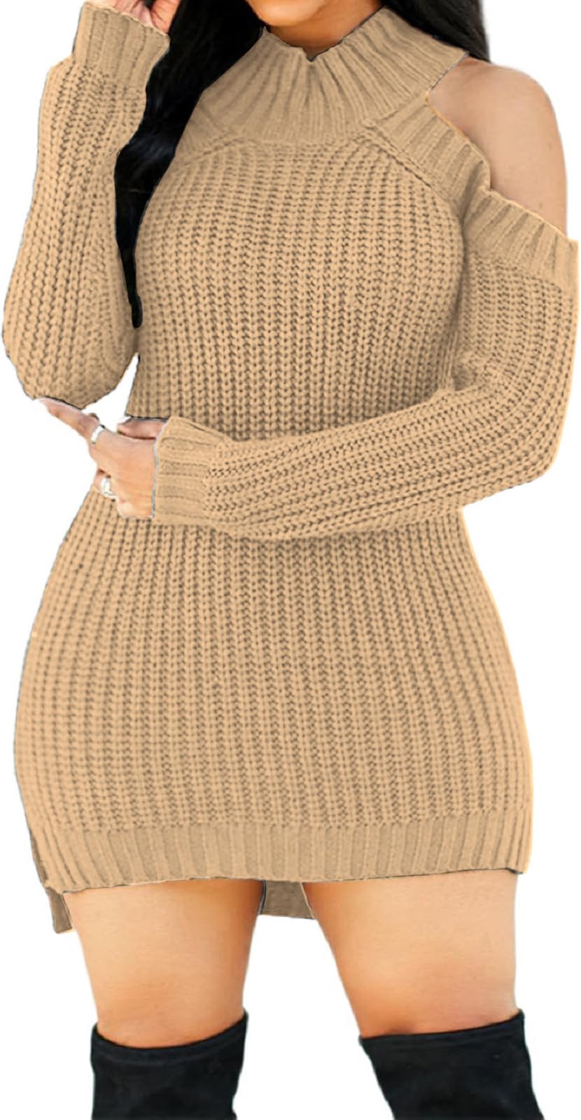 SxClub Women's Winter Sweater Dresses Sexy Cold Shoulder Pullover Dress
