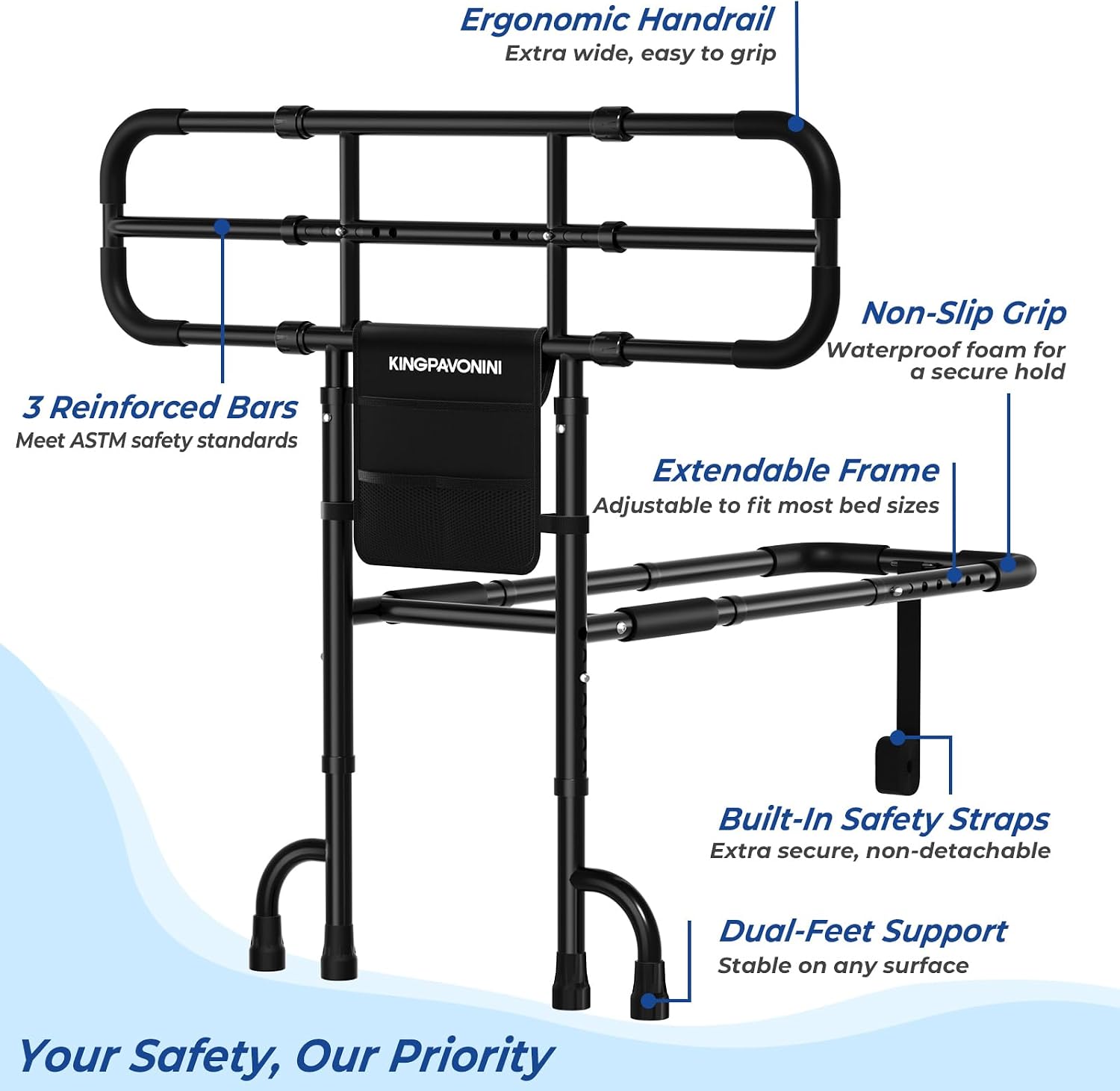 KingPavonini Bed Rails for Elderly Adults Safety ASTM-Approved, 2026 Upgrade Ultra-Wide Extendable Handle, Bed Rails for Seniors with Dual-Feet 4-Point Support, 400lb Bed Cane, Tool-Free, Model GL05