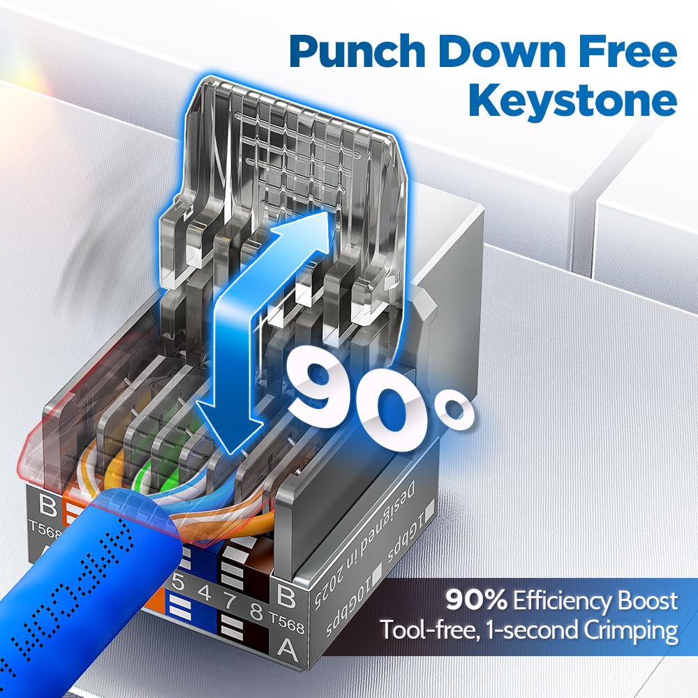 AMPCOM Toolless RJ45 Keystone Jack CAT6 UTP Confezione da 25 pezzi, 90 gradi senza bisogno di perforazione PoE++ (4PPoE) 100W modulare ANSI/TIA certificato RJ45 femmina per Keystone Patch Panel