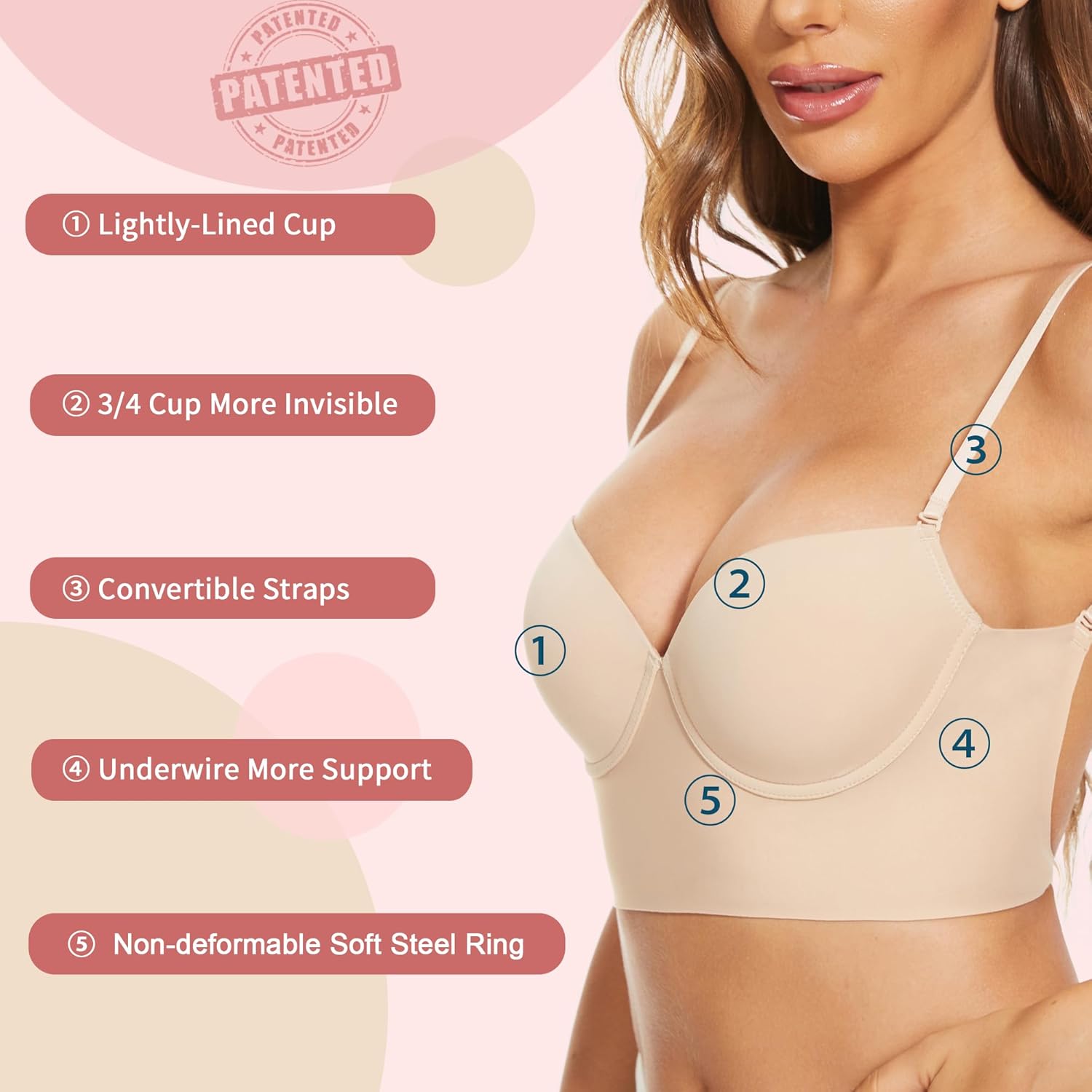 Low Back Bras for Women-Seamless Lightly Lined Invisible Backless Bra-Underwire Plunge Open Back Multiway Halter Bra - Image 5