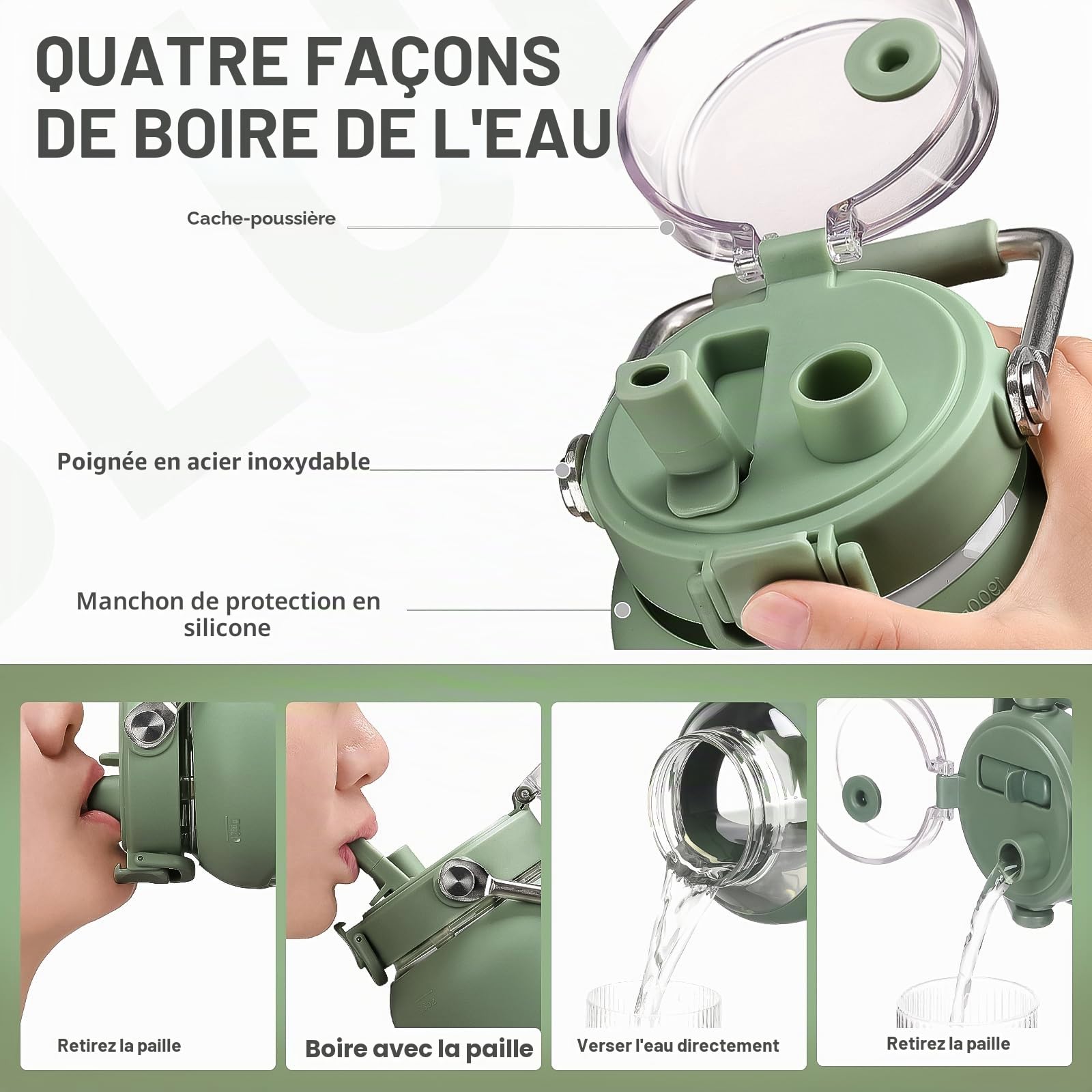 BLUEGO 2500ml Bouteille d'eau en verre avec poignée en acier inoxydable 2,5L Grande Gourd avec marqueurs de temps et manchon en silicone Carafe à eau Sans BPA pour sport, Olive