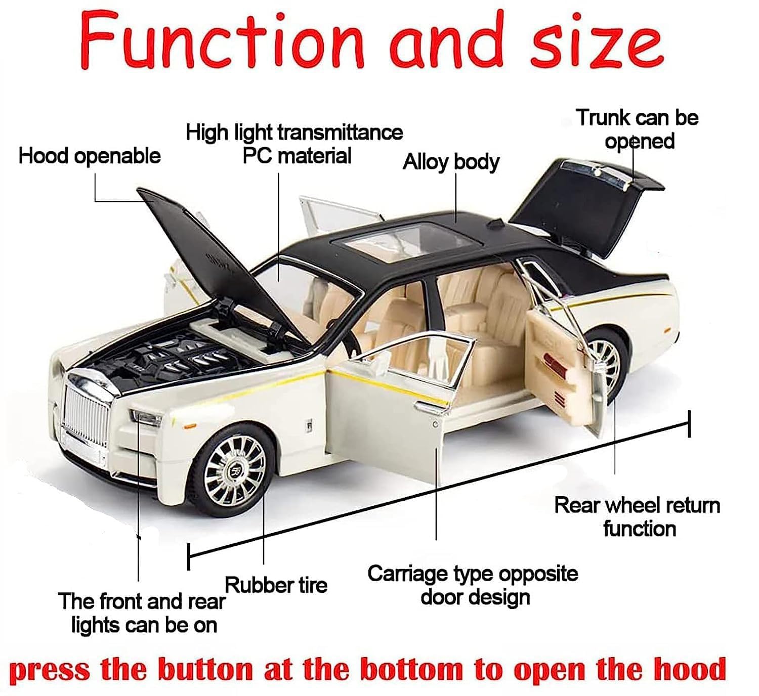 KRIREEN Die Cast Rolls Royce Phantom Metal Car 1/32 Scale Pull Back Toy Diecast Toy Cars for Kids It Comes with Openable Doors, Sound and Light for Kids Boys & Girls, Best for Gifts (Black) 4