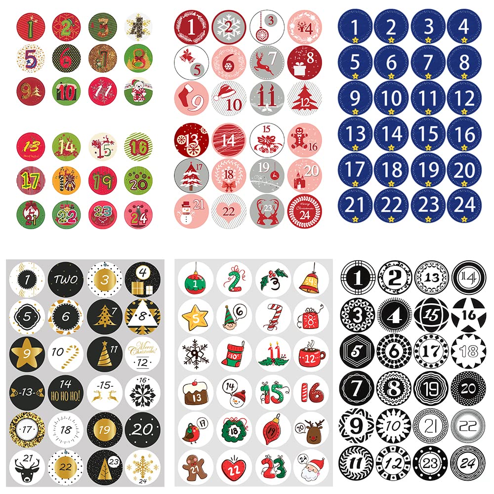 144 Adesivi Per Calendario Dell'Avvento – Numeri 1-24, 6 Stili E 6 Immagini, Decorazioni Natalizie Fai Da Te, Per Regali E Confezioni