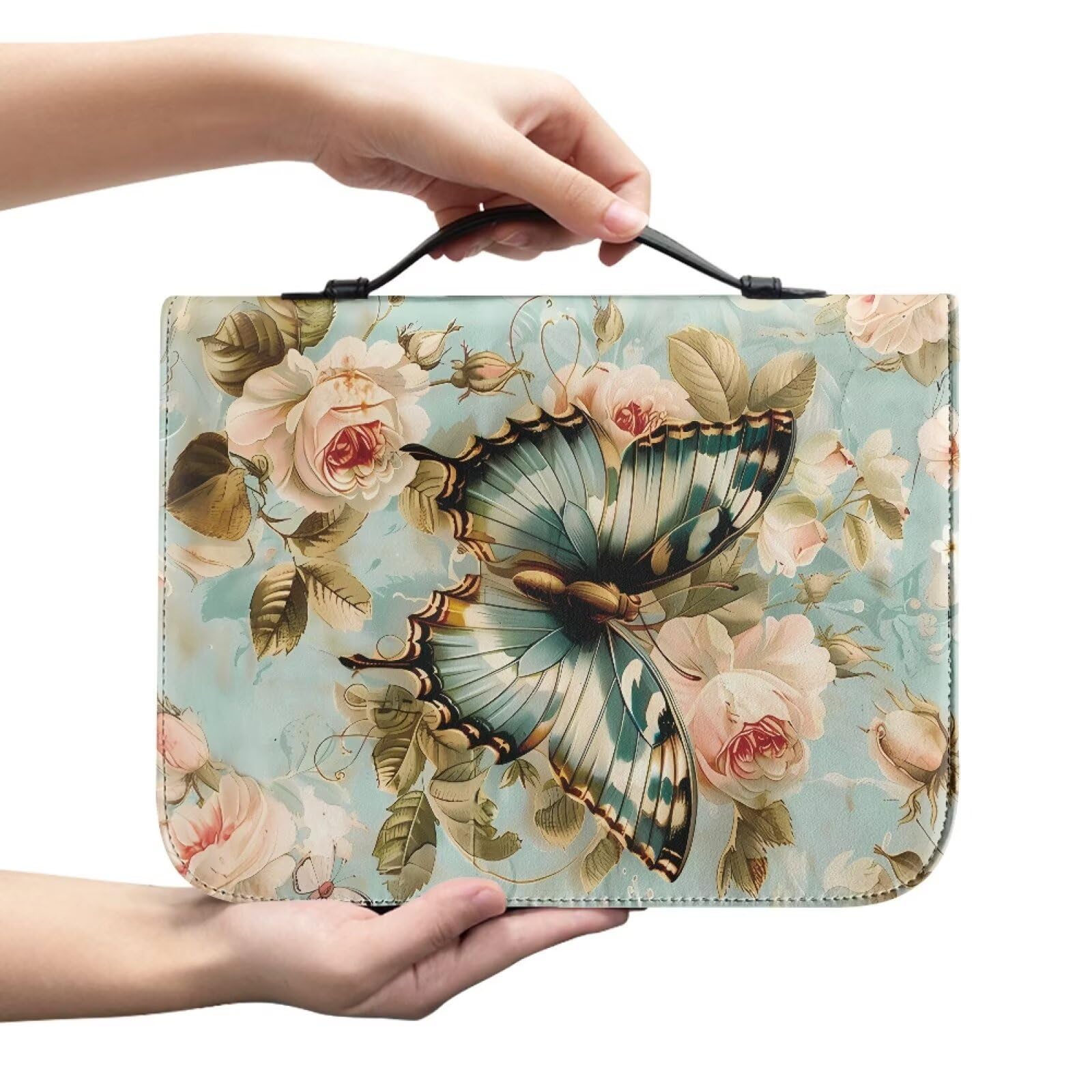 Kuiaobaty Butterfly Roses Bible Cover Church Bag, Vintage Butterfly Rose Painting Vegan Leather Book Case Protective with Handle, Gift for Women,L