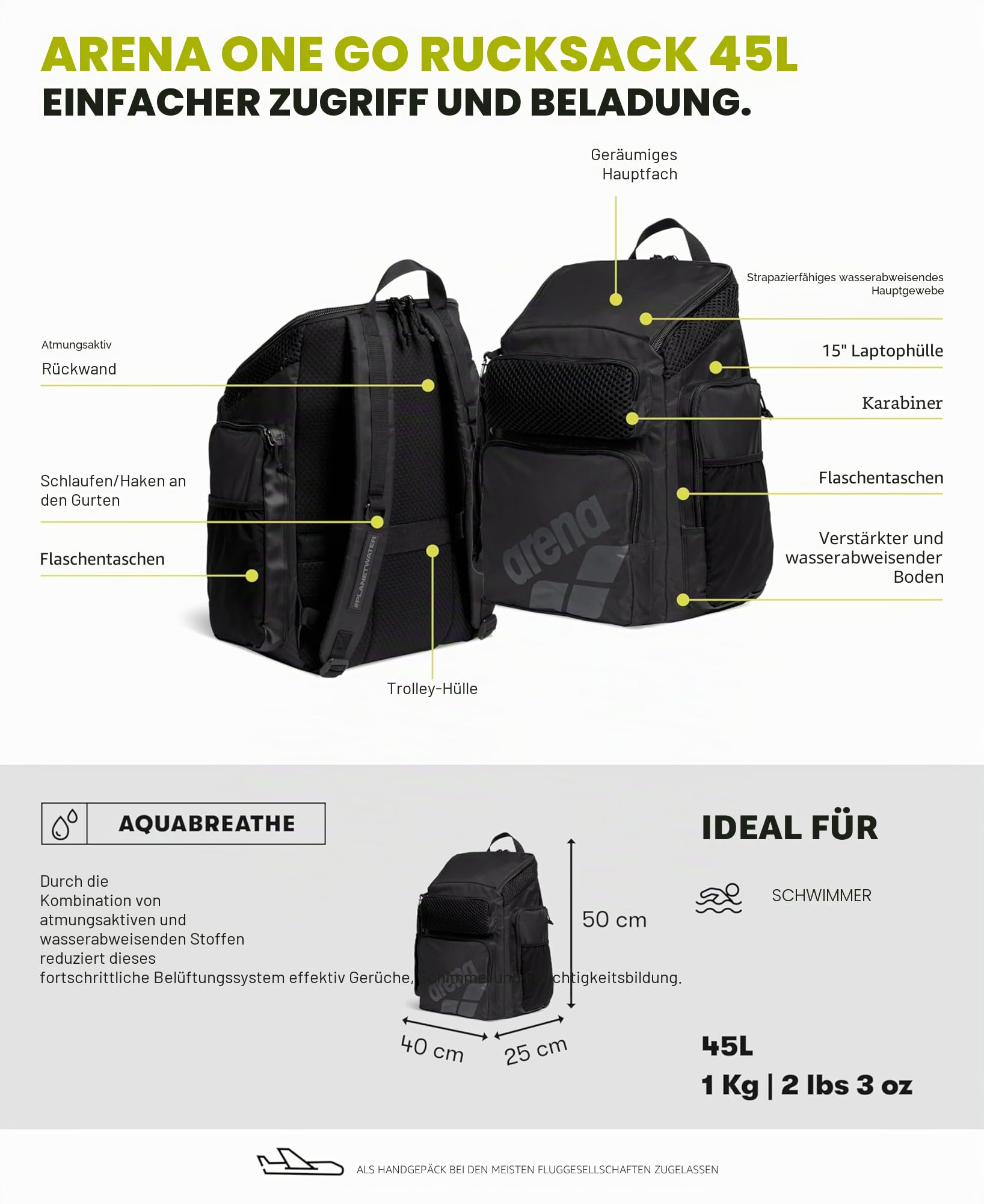 Arena One Go Schwimm-Sportrucksack, Reise, groß, Sportausrüstungstasche, 45 Liter