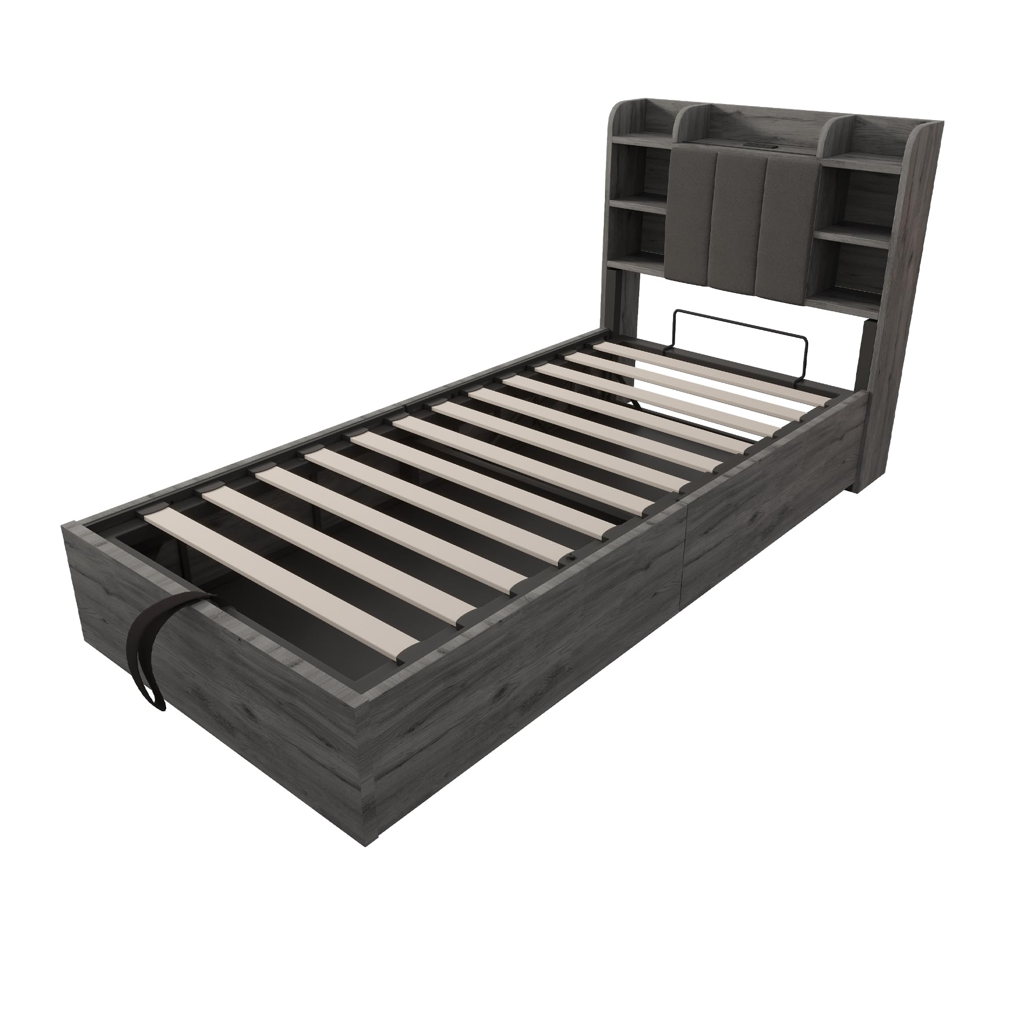 Mrwoo Cama de Madera 90x200cm, Cama Hidráulica con USB, Cabecero con Espacio de Almacenamiento, Gris (Cama Sin Colchón)