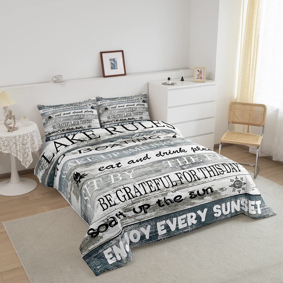 Lake Rules Decor Comforter Set Twin, Country Lake House Bedding Set For Kids Boys Girls Teens, Rustic Farmhouse Wooden Stripes Duvet Insert Lake Paddle Boat Down Comforter 2 Pcs With 1 Pillow Case