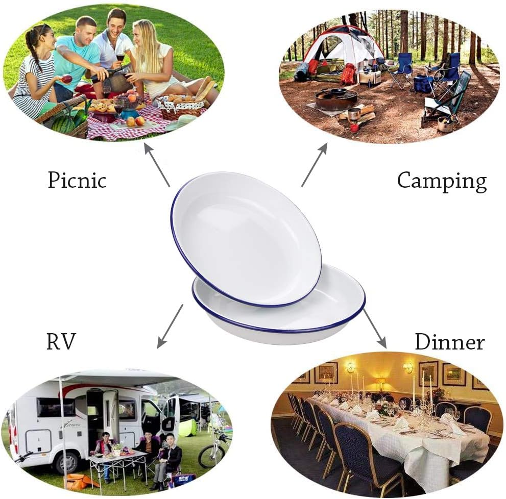 Webake 9.5 Inch Enamel Plates, 2 Pack Salad Pasta Bowls Enamelware Dinner Plates White Body with Blue Rim, Serving Trays for Dinner, Outdoor, Picnic, BBQ, Butter