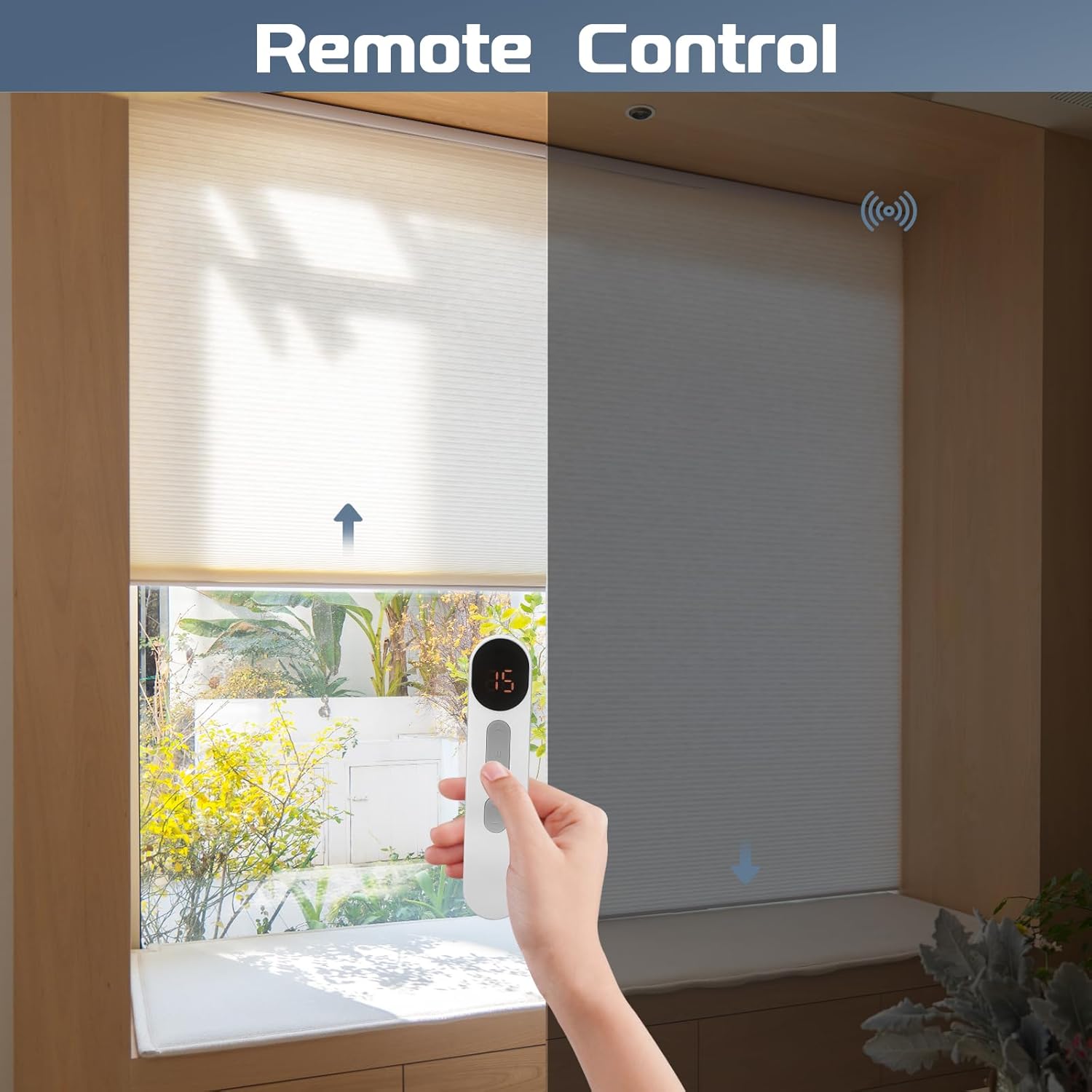 Motorized Cellular Shades Compatible with Alexa Google Home Smart Electric Honeycomb Window Blinds Cordless Rechargeable Remote Control Custom Size Double Cell 60% Beige