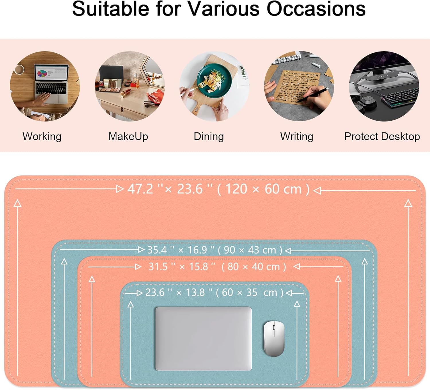 Dual-Sided Desk Mat, Large Pad, Waterproof Smooth PU Leather Blotter Protector, Mouse Pad, Desk Organizers, Office/Home Table Decor for Reading and Writing (Pale Orange+Grey, 47.2''23.6'')